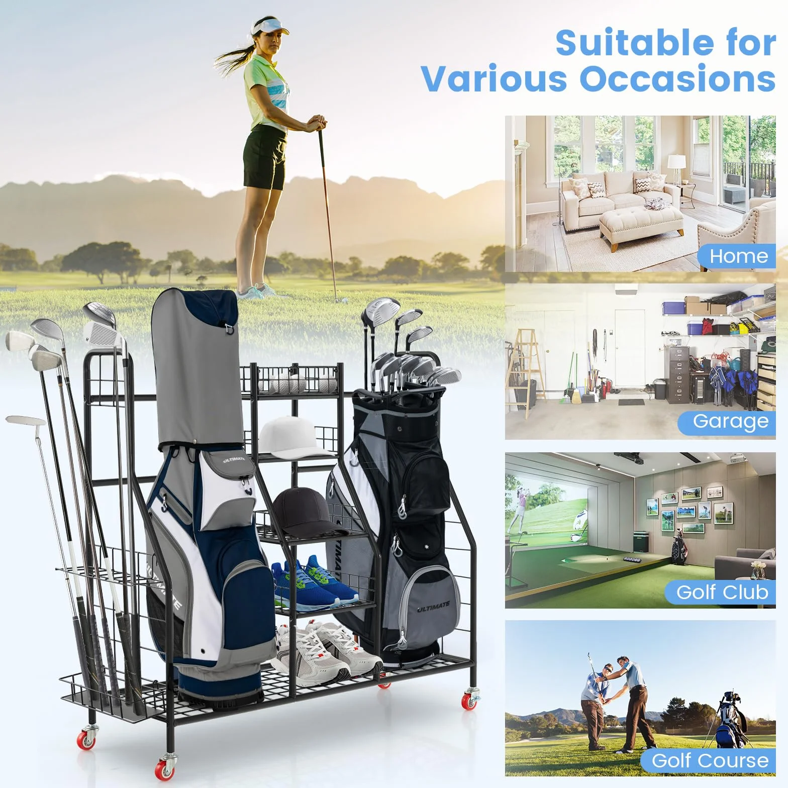 GYMAX Organiseur de Rangement Clubs de Golf Métal 4 Roues 120,5x37,5x105 cm