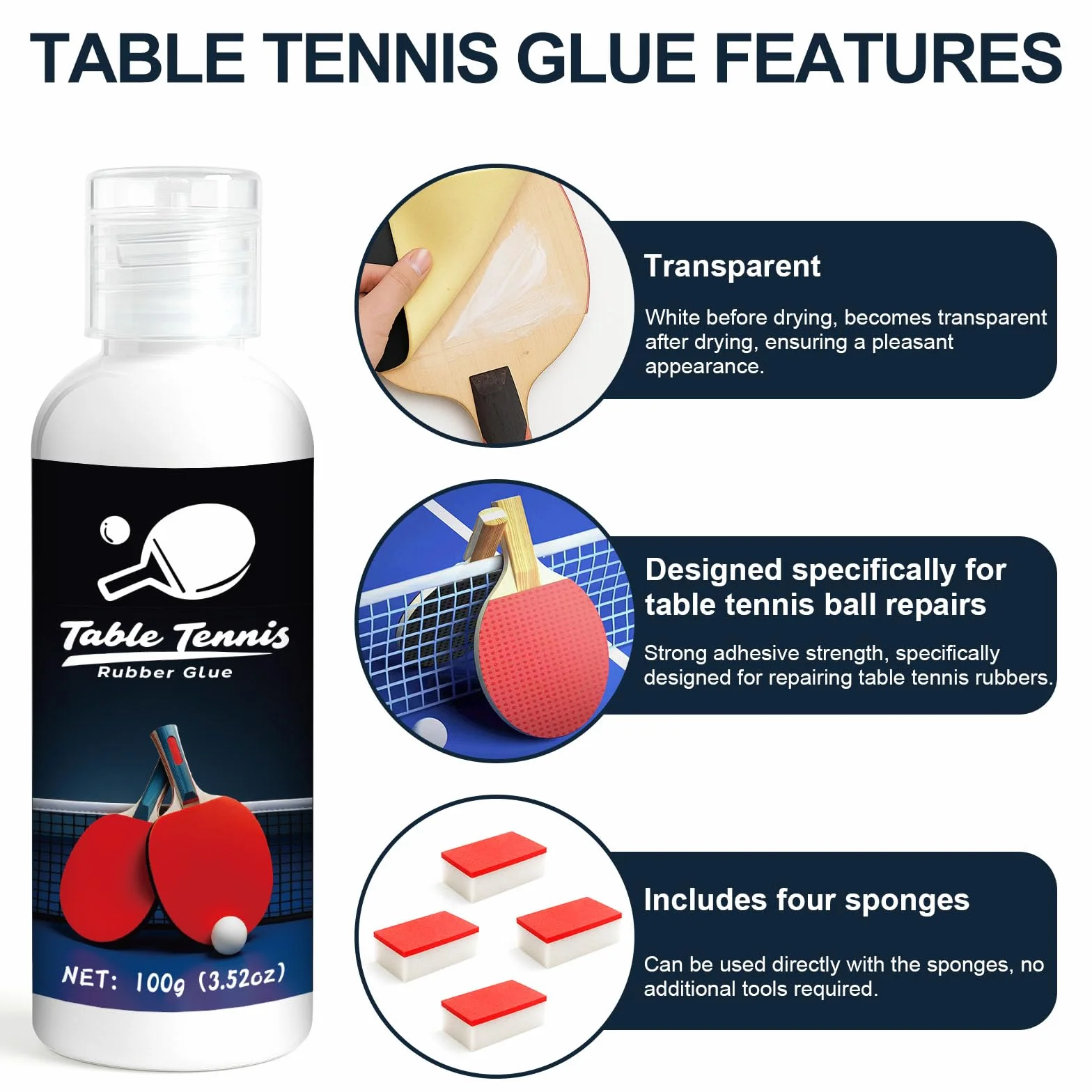 Colle Tennis De Table 100ml, Adhésif pour Revêtements avec Éponges Élastiques, Quatre Brosses en Éponge
