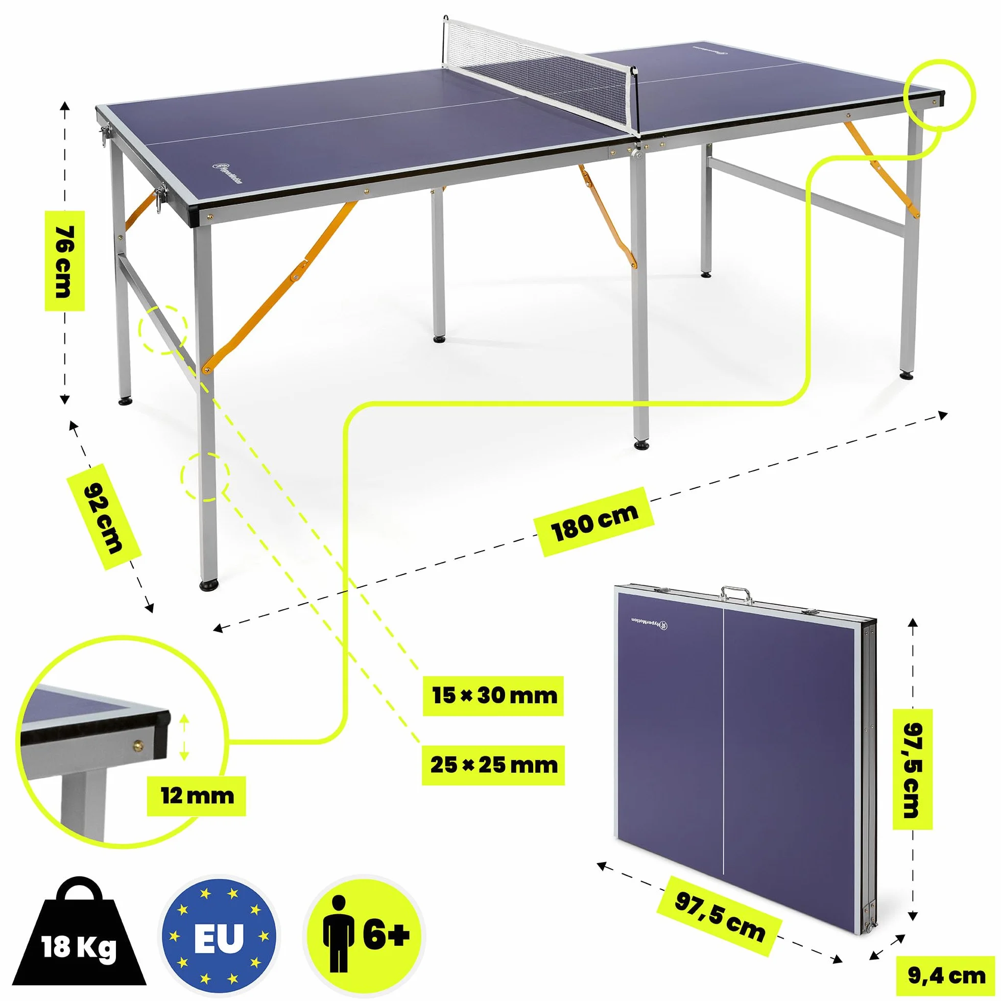 HyperMotion HYP32 Table de Ping Pong Pliante pour Enfants et Adultes, Modèle Compact d’Intérieur avec Filet, Raquettes et Balles, Facile à Transporter