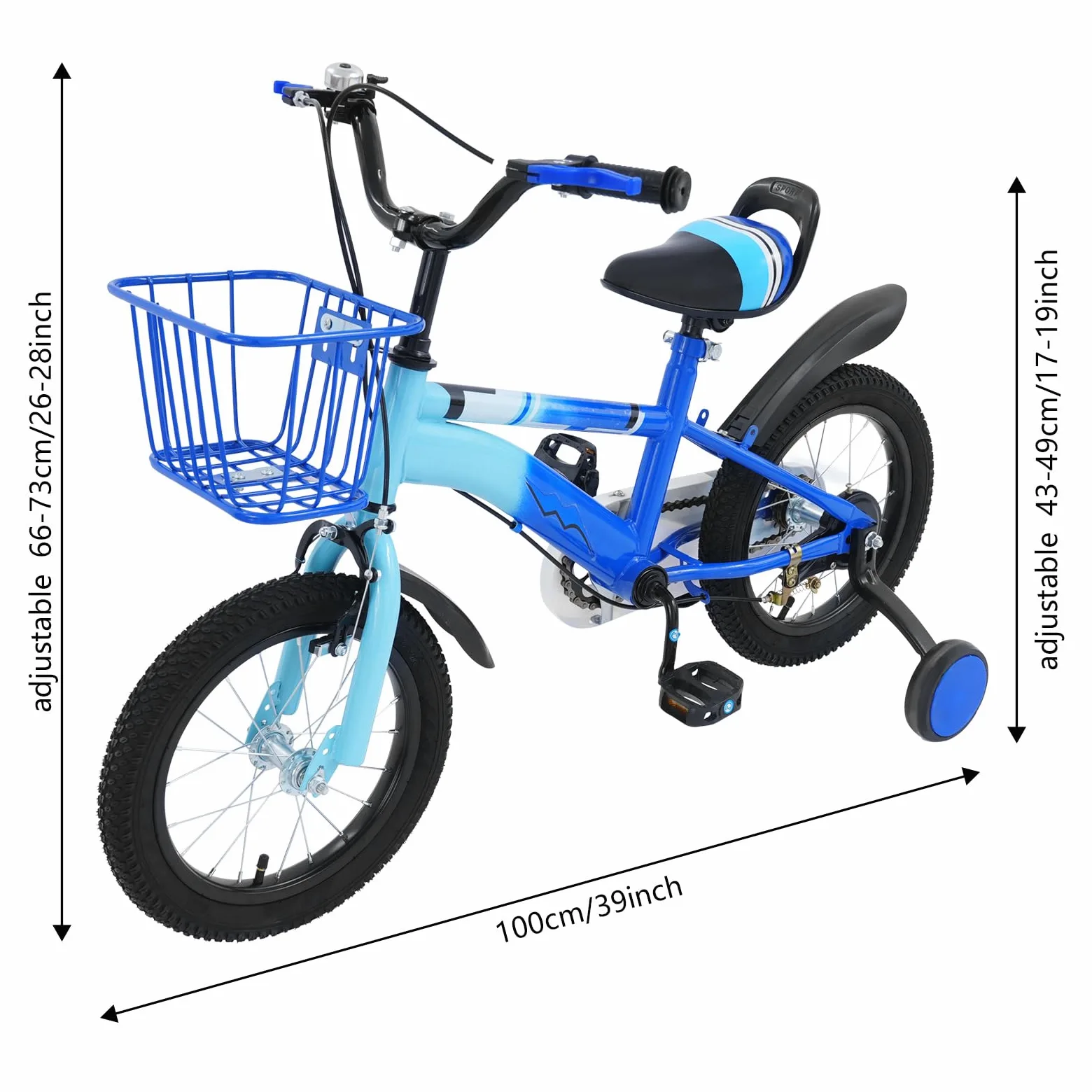 Vélo pour enfant de 14 pouces avec double système de freinage | Vélo pour enfant avec roues stabilisatrices - Hauteur réglable du guidon : 66 à 73 cm - Hauteur du siège : 43 à 49 cm - Pour