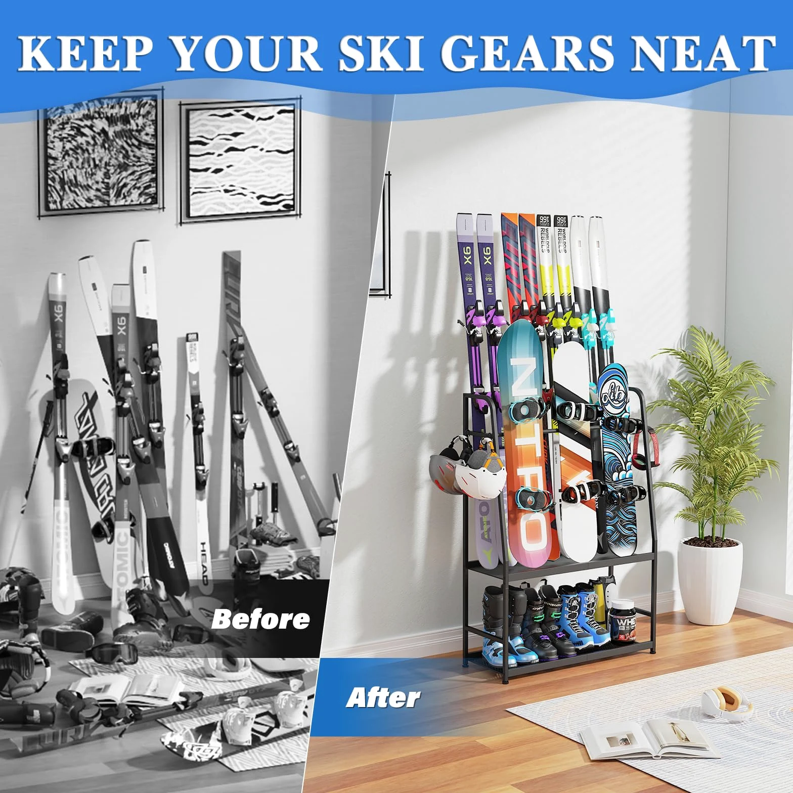 Support de ski pour le garage, étagère de rangement pour skis, snowboard, chaussures de ski, bâtons de ski, lunettes de ski et casques, organiseur de ski pour le garage ou la cave