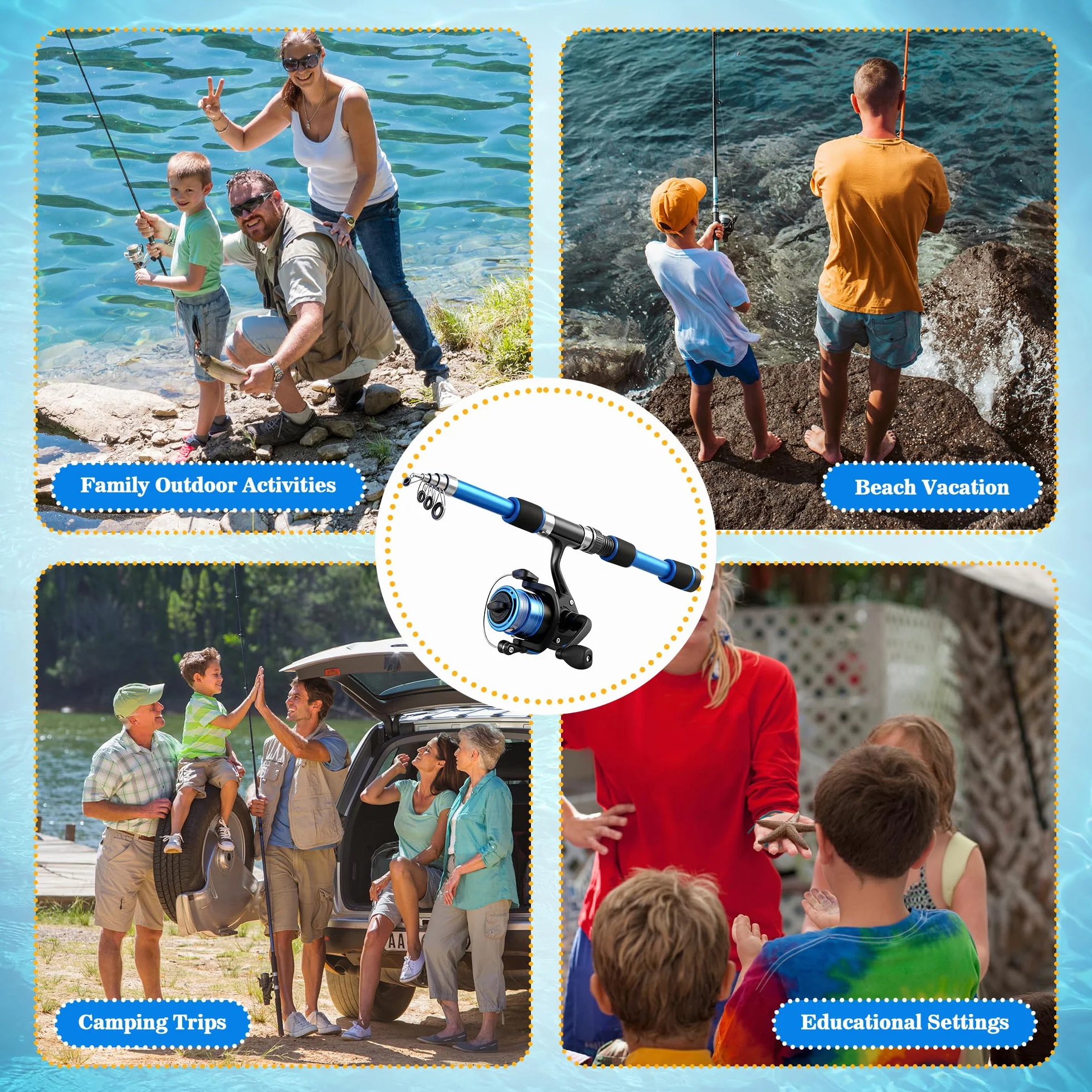 Canne à Pêche Enfant Kit Télescopique avec Moulinet Portable Leurres Souples Fil Hameçons Sac Rangement