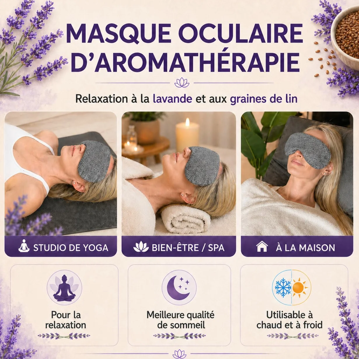 Coussin pour Les Yeux avec garnissage en graines de Lin et Lavande - Masque Yeux détente Yoga méditation