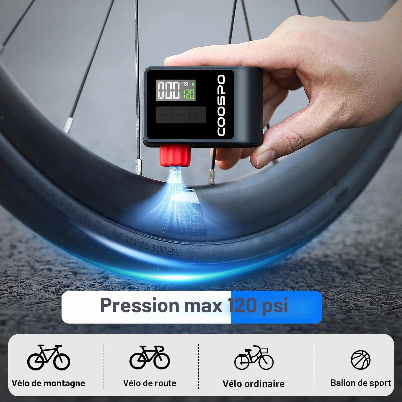 CooSpo Pompe à Velo Electrique, Mini Pompe Portable, Max 120 PSI avec Valves Presta Schrader