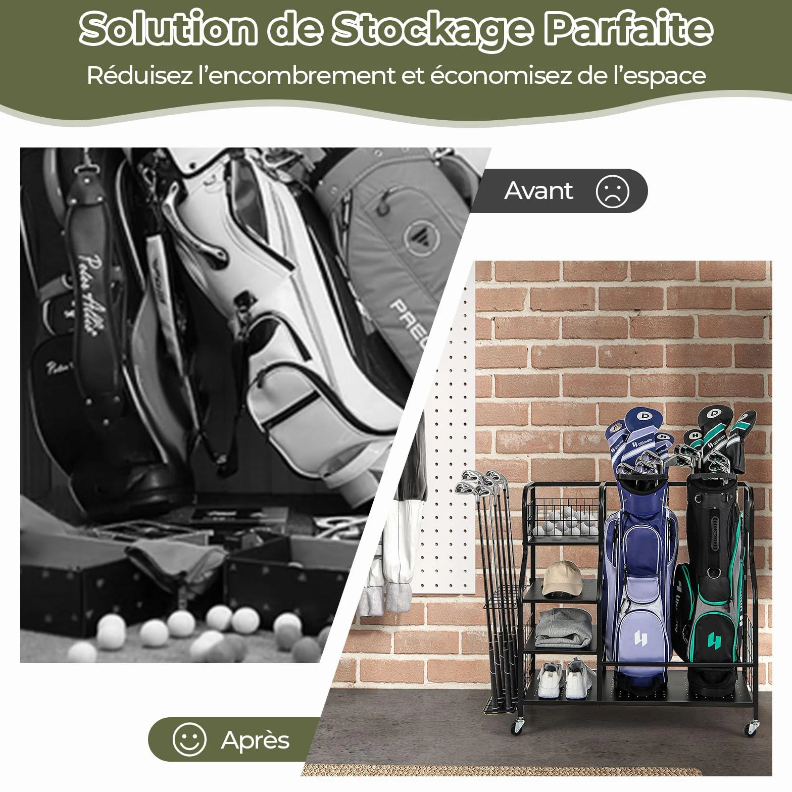 GYMAX Organisateur Rangement Clubs de Golf 4 Roues Verrouillables Étagère Crochets