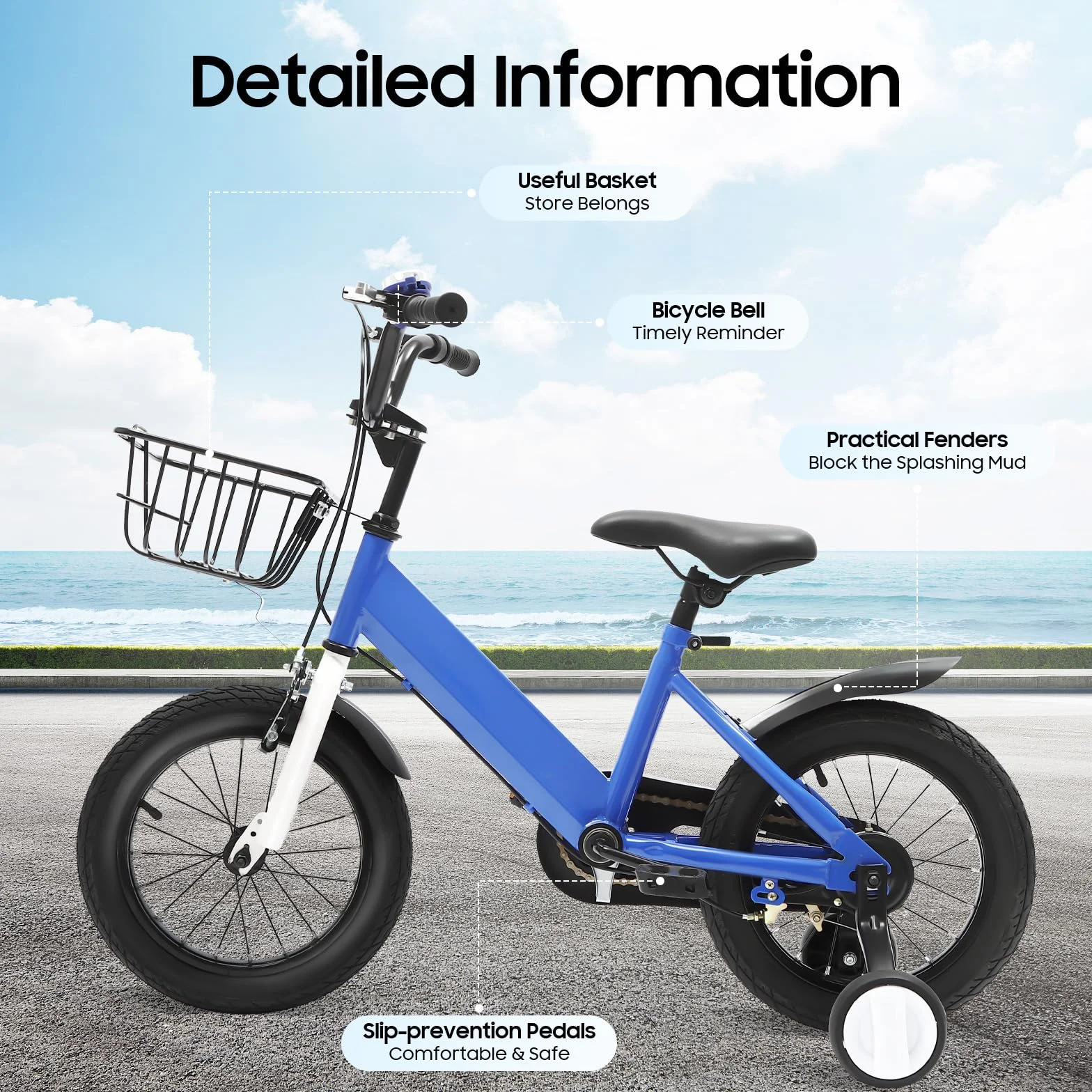 Vélo enfant 14 pouces avec roues stabilisatrices et panier, hauteur réglable, bleu