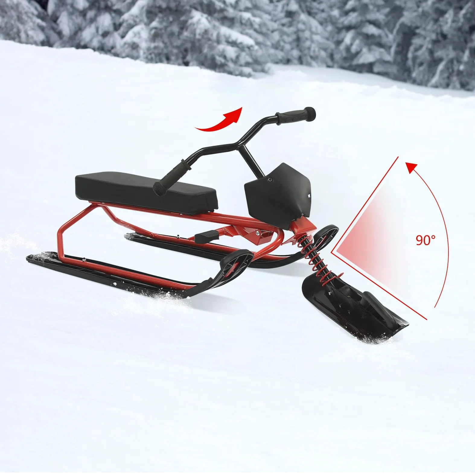 Luge de direction pour enfants, avec freins à pied et corde de traction, luge avec volant, luge pour enfants, luge à patins, luge à neige, max. 80 kg