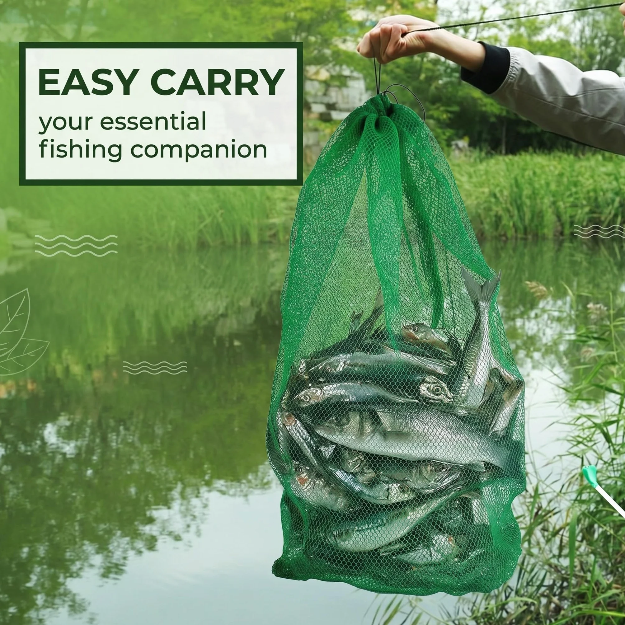 Bourriche Peche 80x50cm, Sac Soluble Peche Carpe, Filet Peche en Nylon Vert Renforcé, Sac de Conservation Poisson Pliable et Séchage Rapide, Nasse à Poisson Multifonctionnelle