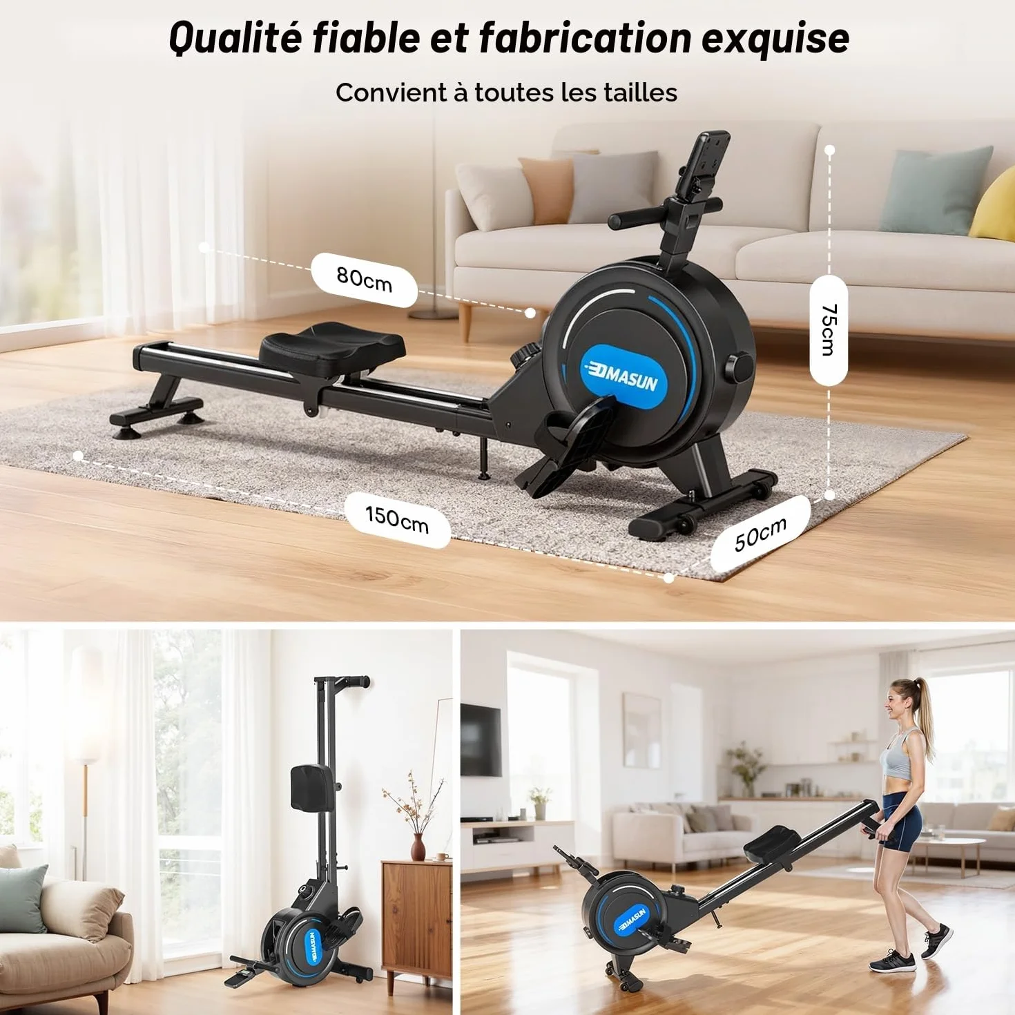 DMASUN Rameur Musculation d'Appartement 16/32 Niveaux Résistance Magnétique Double Rails Capacité 160 kg