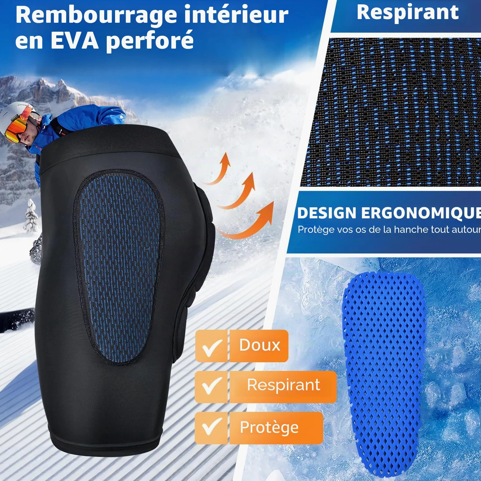 BenKen Short de protection de sport 3D EVA Butt Pad, équipement de protection anti-collision pour homme et femme, short de protection rembourré résistant aux chocs pour snowboard, patinage, patins à