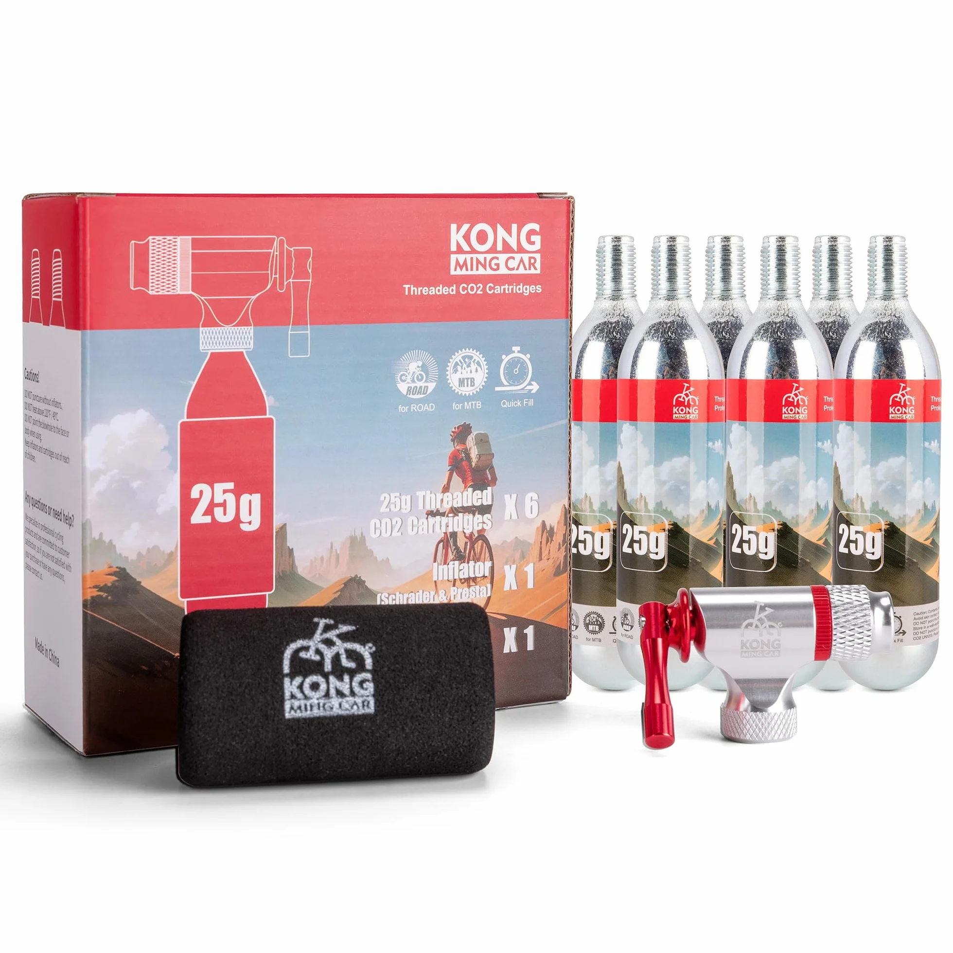 Kit de Gonfleur CO2 Vélo avec 6 Cartouches Filetées 16g/25g Compatible Presta Schrader