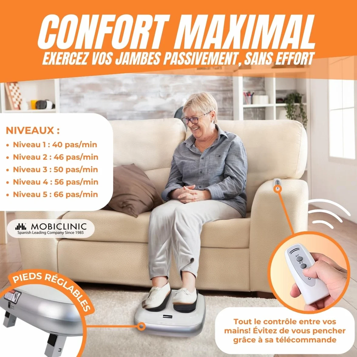 Mobiclinic Legfit exerciseur de jambes électrique 5 vitesses marche assise télécommande blanc