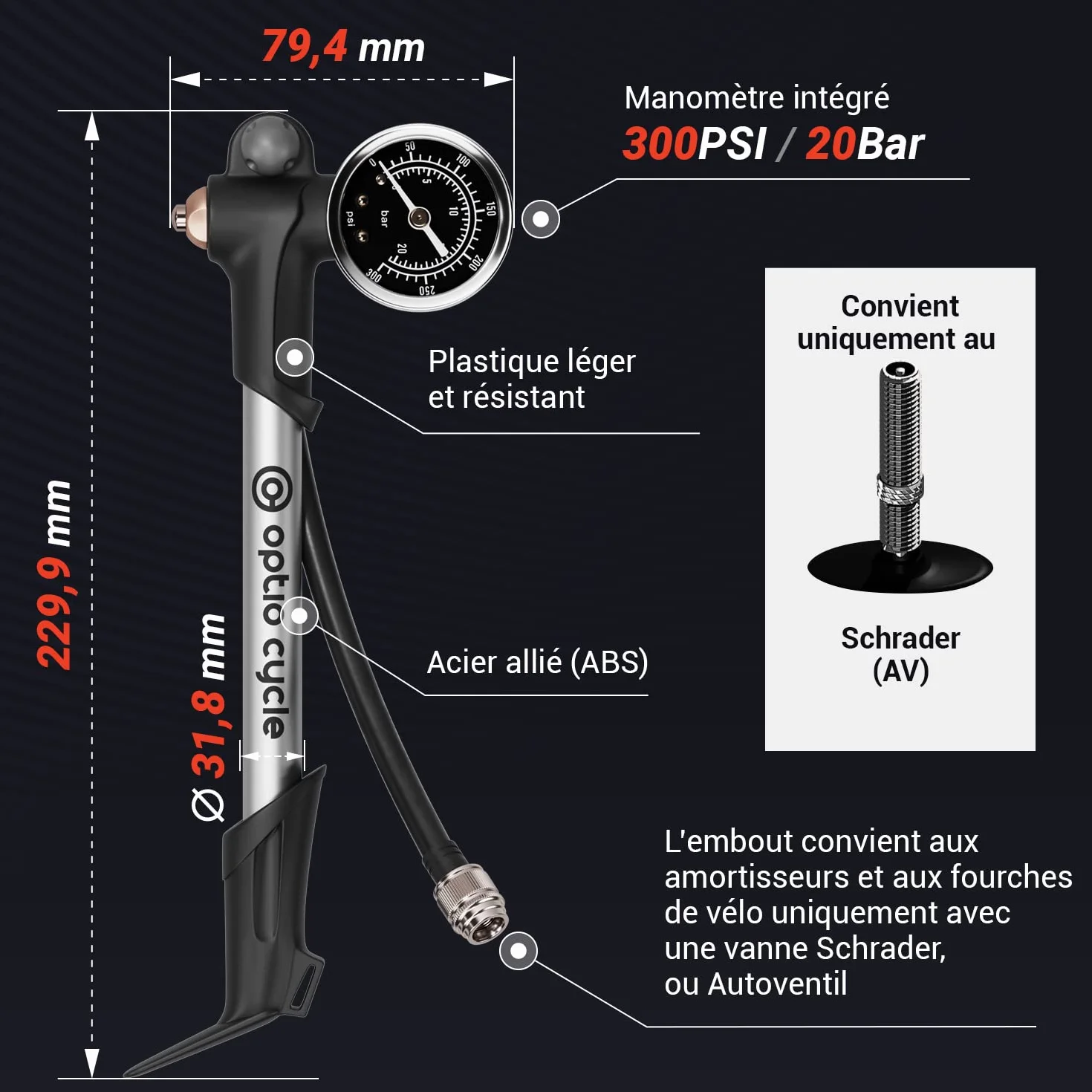 Pompe Haute Pression VTT avec Manomètre pour Suspension Fourche Compatible Fox RockShox Manitou