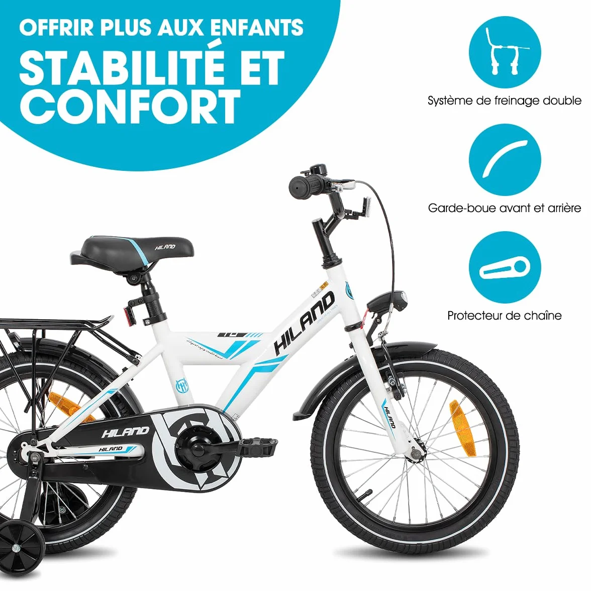 HILAND Sentry Vélo Enfant 16/18 Pouces 4-8 Ans Fille Garçon Frein à Main Rétropédalage Noir Blanc