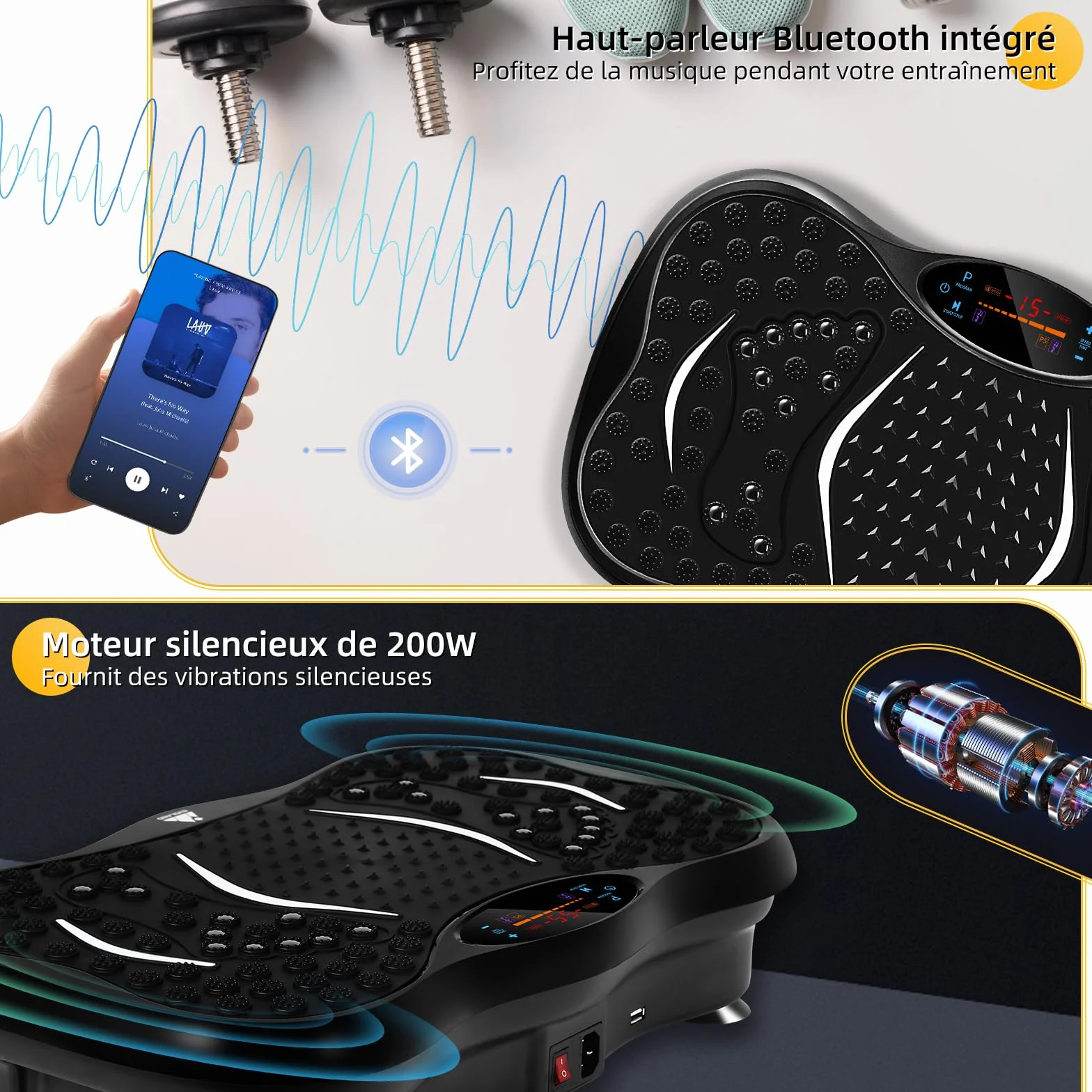 EVOLAND Plateforme vibrante oscillante 99 Niveaux d'intensité Haut-Parleur Bluetooth