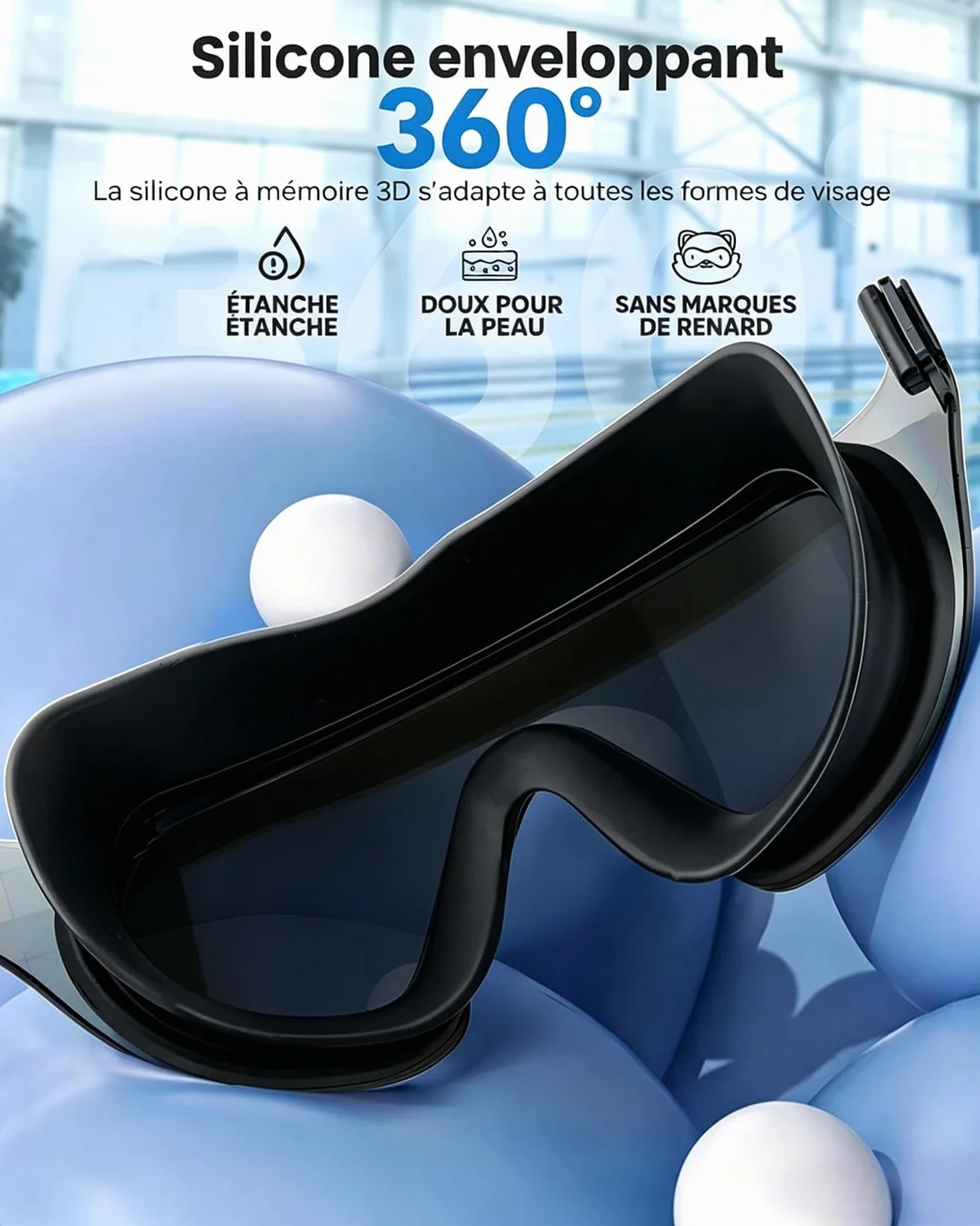Zoomsnail Lunettes de Piscine Panoramiques 180° sans Monture, Anti-Buée, Confort Silicone, Étanches