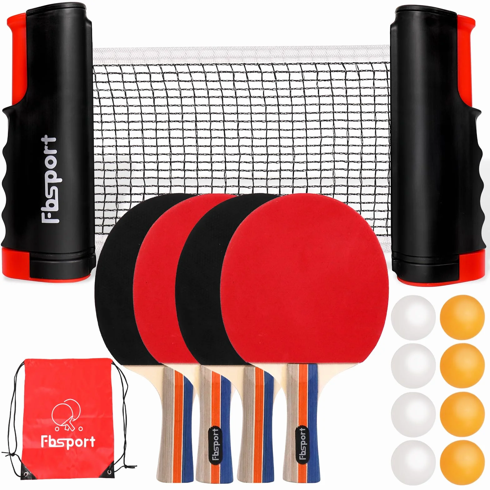 Set Ping Pong avec 4 Raquettes, Filet Rétractable, 8 Balles, Sac de Transport pour Intérieur Extérieur