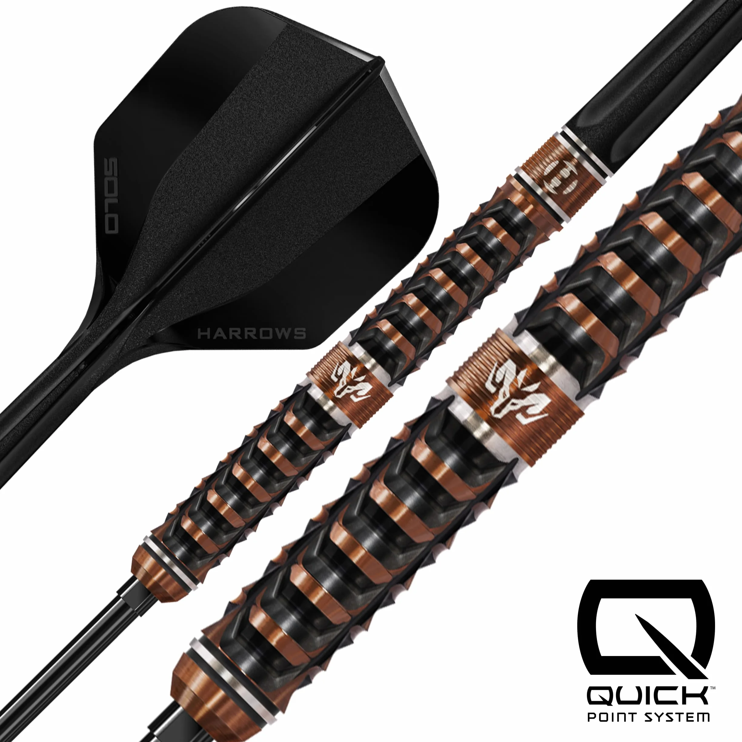 Jeu de fléchettes Harrows Wolfram Trinity 97 % tungstène avec pointe en acier, barils de qualité supérieure fraisés CNC avec revêtement TiN bronze et électrodéposition noire, manche intégré Solo et