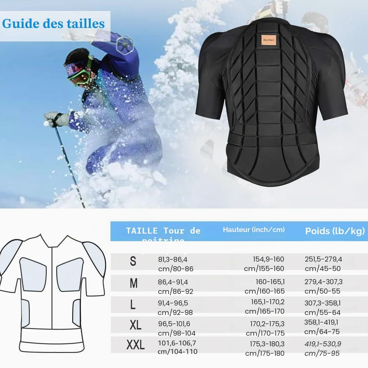BenKen Équipement de protection ultra léger pour le ski, la colonne vertébrale et le dos, vêtements anti-collision pour snowboard, patinage, ski, équitation, moto, motocross Taille M