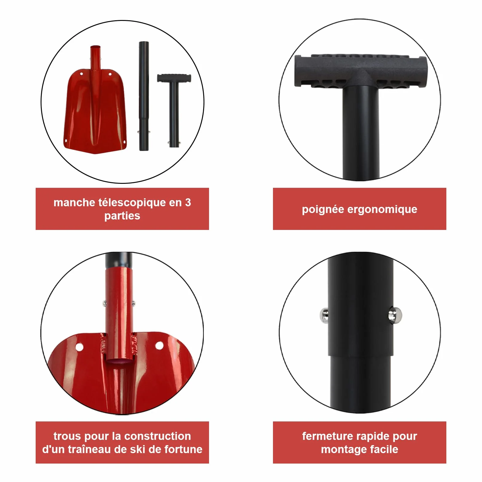 ALPIDEX Pelle Avalanche Alu Manche Extensible Pelle Neige Telescopique, Couleur:Rouge