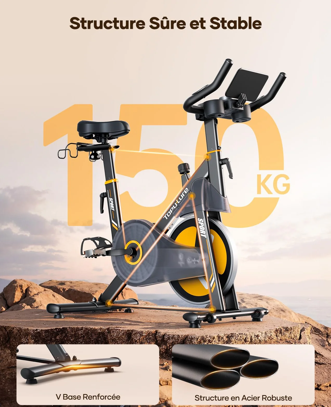 TOPUTURE Vélo d'Appartement Silencieux Résistance Magnétique Électrique 32 Niveaux Écran Tactile App Capteur Cardiaque Support Haltères 150kg
