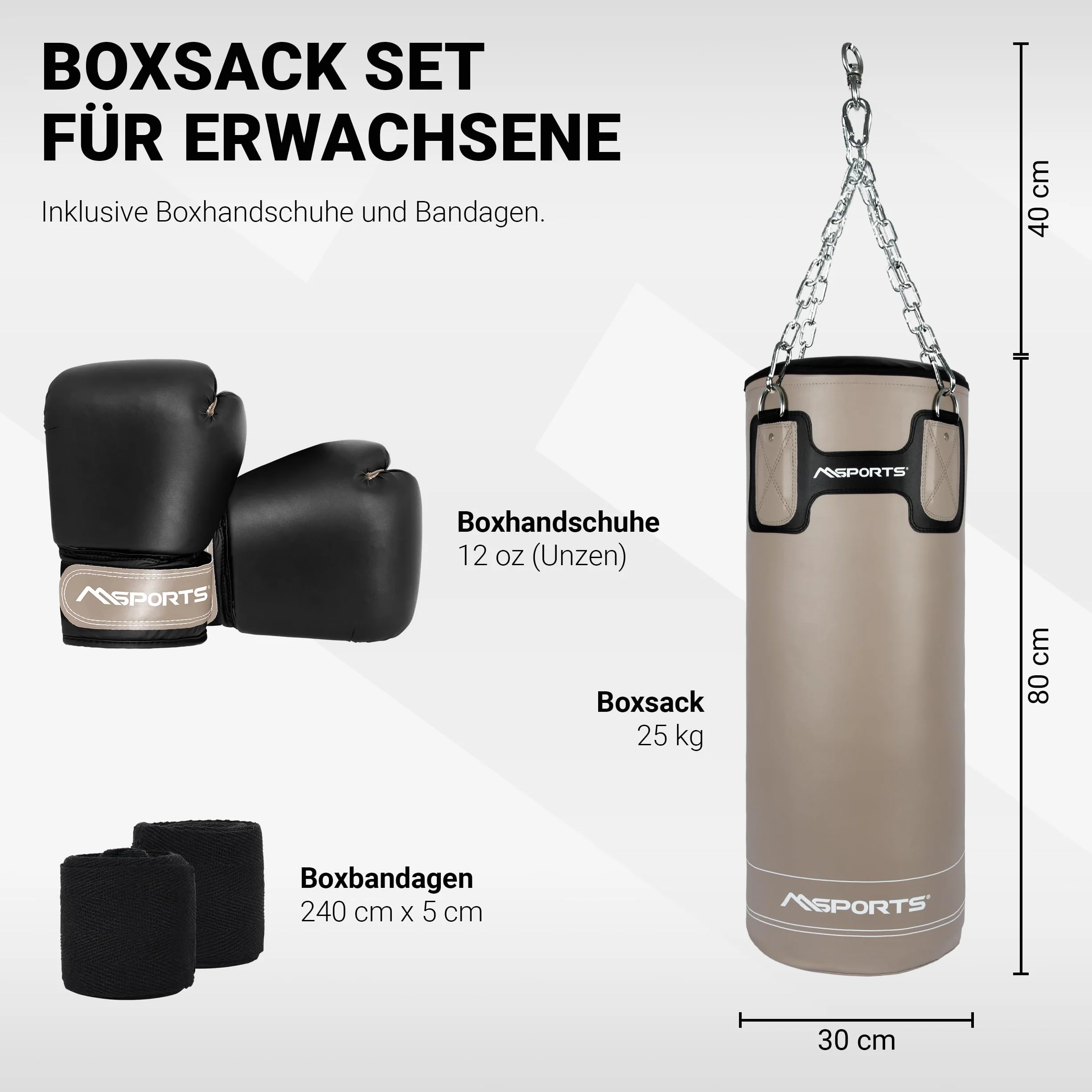 MSPORTS Punch Bag Set Premium 80 × 30 cm – Sac de frappe 25 kg + gants de boxe & bandages – Entraînement de boxe, kickboxing et fitness à la maison ou en studio