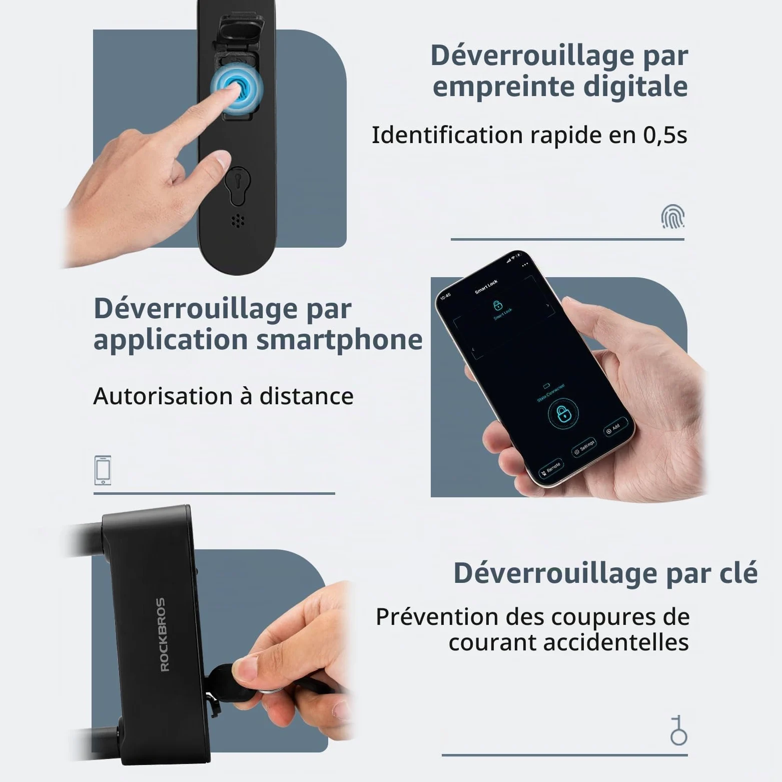 ROCKBROS Antivol à Empreinte Digitale, Étanche IP6 pour Vélo, Antivol à Clé Bluetooth, Recharge USB pour Vélo, Gravel, Scooter, Moto, Gym, Bureau, Maison