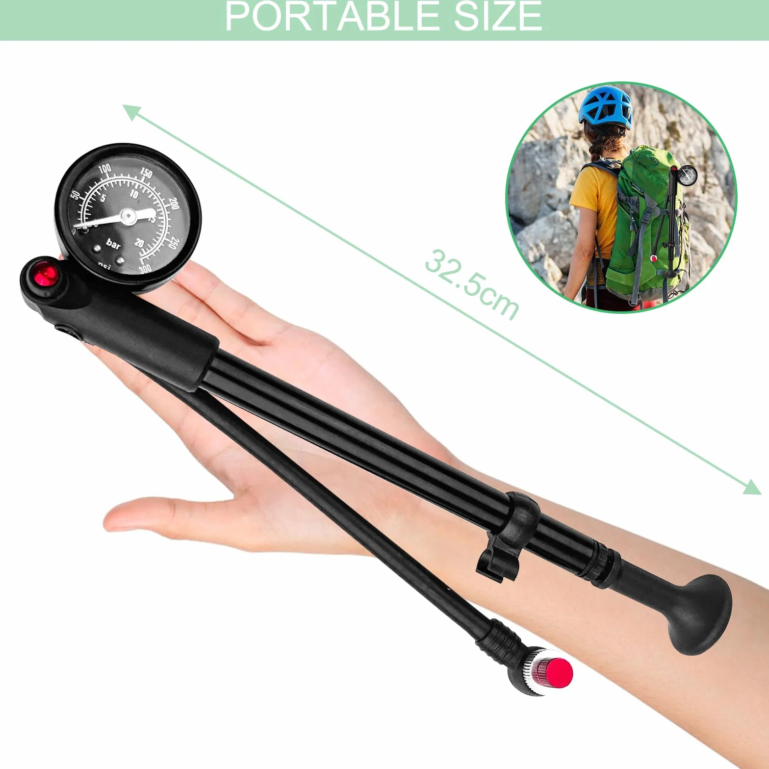 Pompe à Vélo Max 300 PSI Mini avec Manomètre Haute Pression VTT Portable