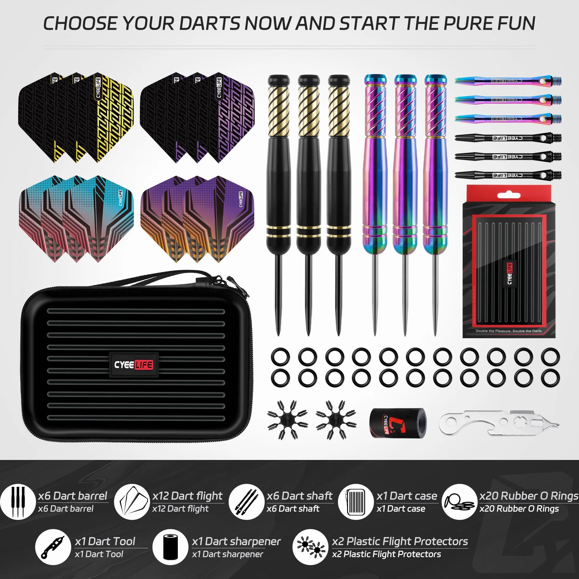 CyeeLife Set de Fléchettes Professionnel 20g Acier avec Dart Case, 6 Tiges Alu, 12 Vols, 20 Anneaux Anti-Dévisageage