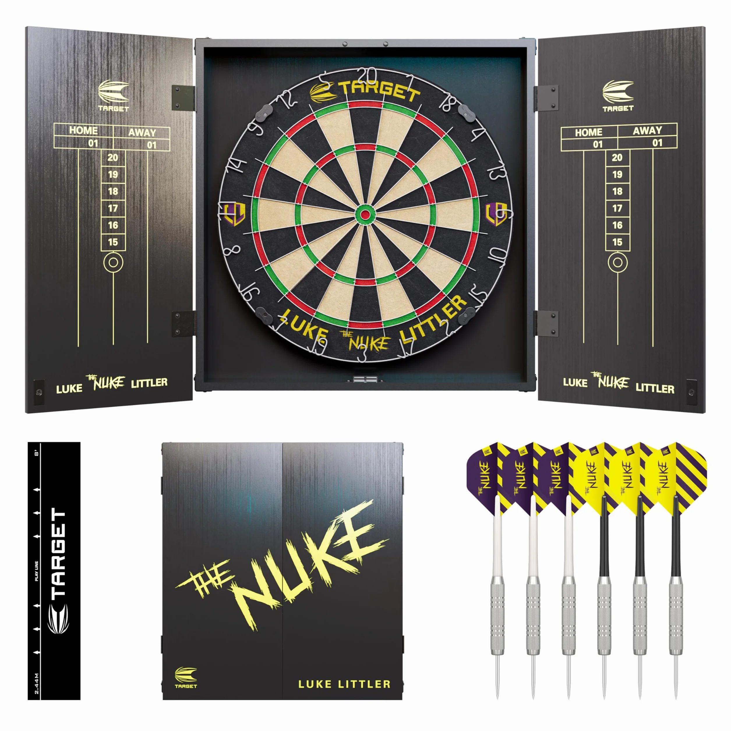 Target Darts Luke Littler Dimitri Van den Bergh Gabriel Clemens Jeu de Fléchettes avec Armoire 2 Jeux Pointe Acier Tableaux Score Ligne Lancer Compétition