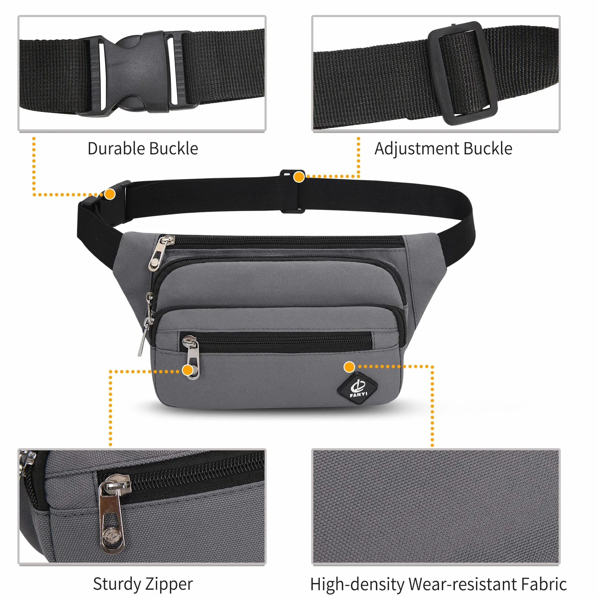 Sac Banane Taille Homme Femme Ville Unisexe avec Ceinture 60 cm Poches 4 Fermetures à glissière Gris