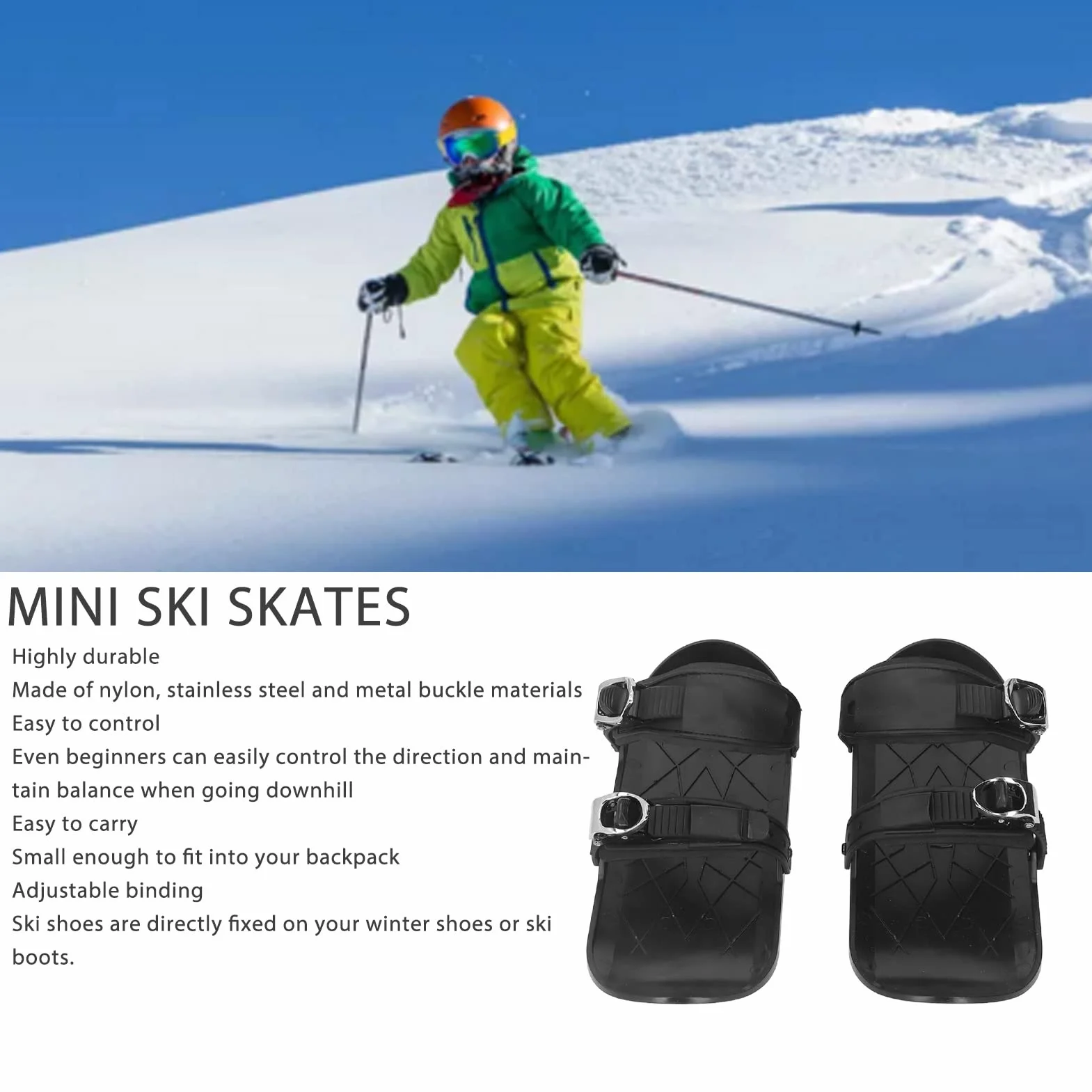 Mini Patins de Ski, Patins Neige Courts 36 x 14,7 cm Skis Glisse Neige Chaussures Skiing Taille Unique US 5-14 EU 35-48 Mini-Skis à roulettes Courts avec Sac Rangement pour Ski Plein air