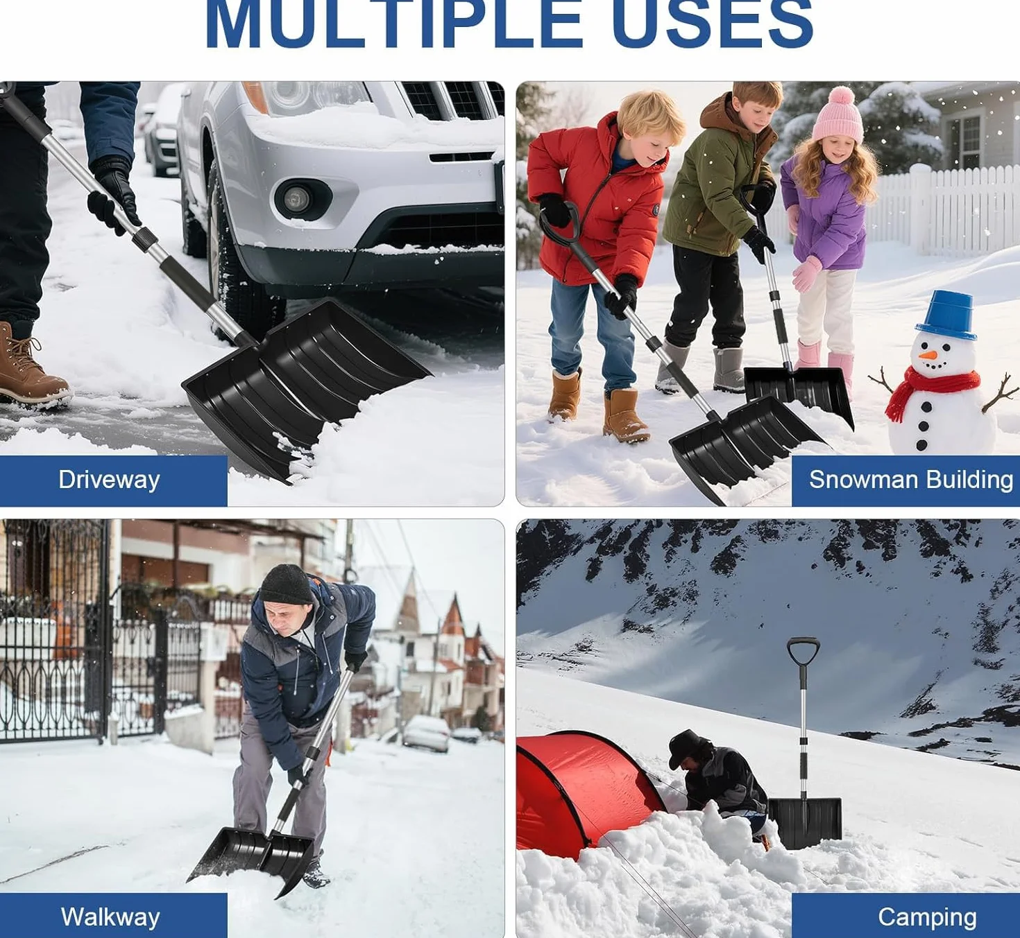 Grande pelle à neige amovible avec poignée en D, grand espace de rangement, convient pour un véhicule de jardin pour le camping en plein air - Noir