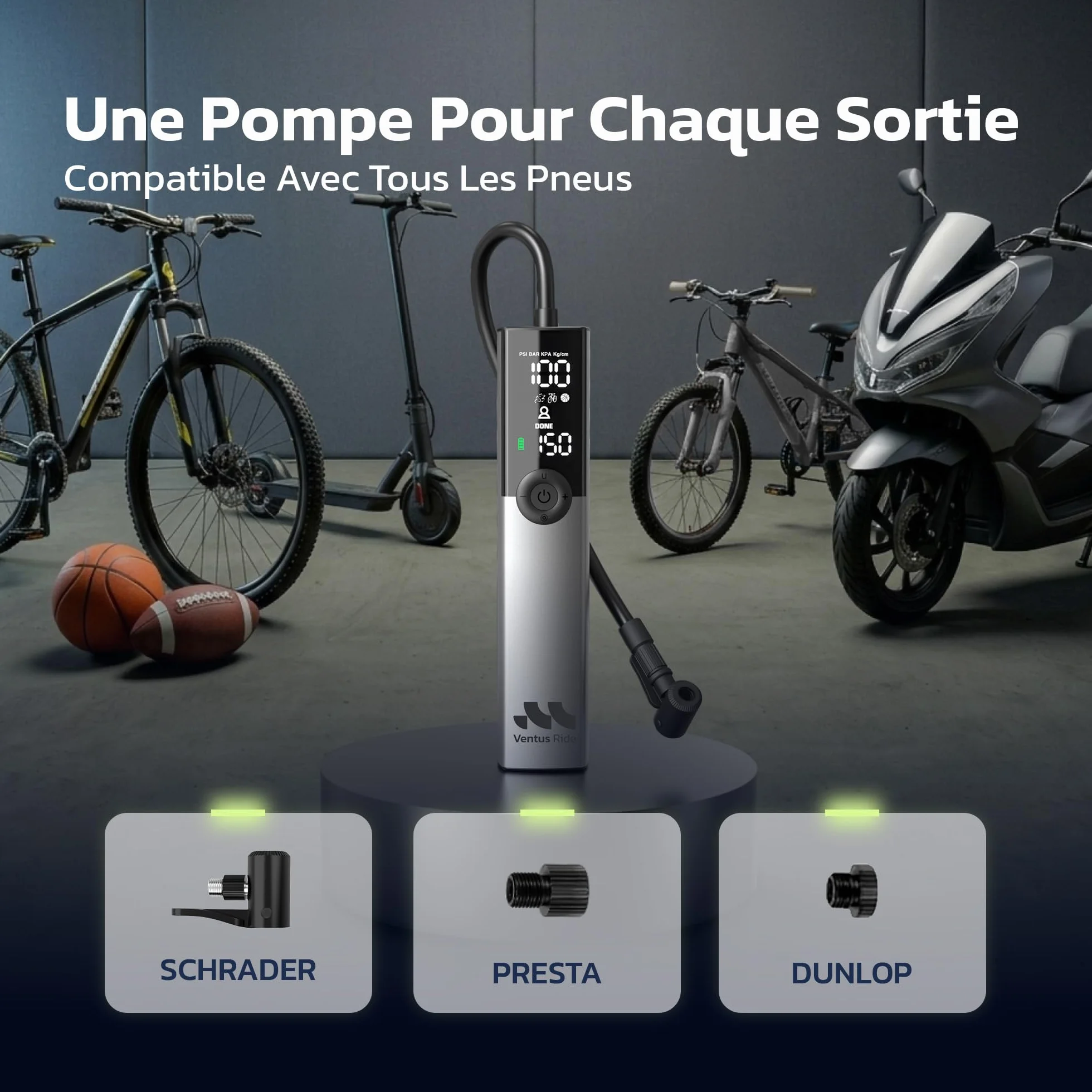 Woowind Ventus Ride Pompe a Velo Electrique 150 PSI 10.3 Bar Compresseur Portatif Compatible Presta Schrader Dunlop