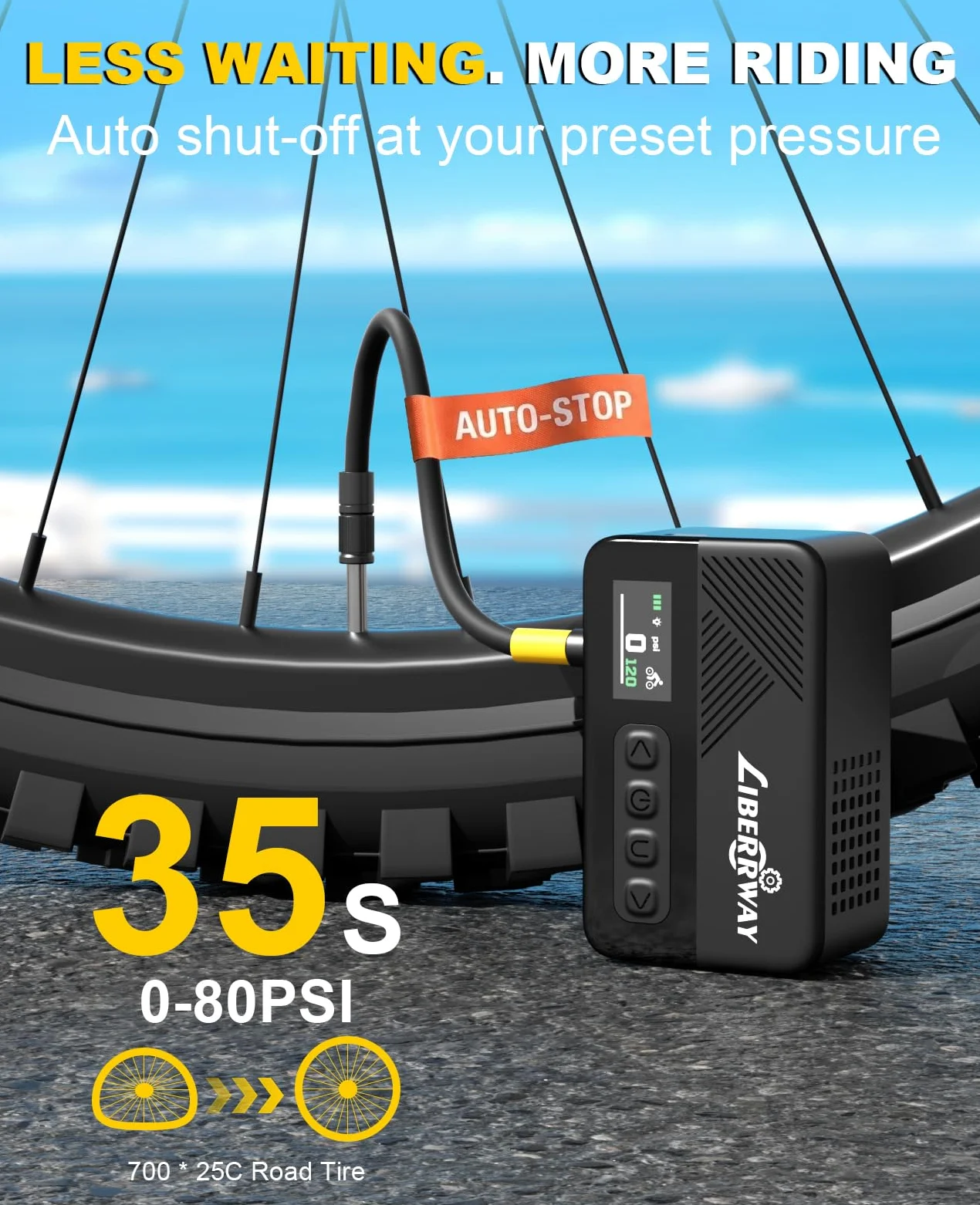 Mini pompe à vélo électrique 120 PSI avec arrêt automatique, manomètre et lumière LED, pompe à vélo portable sans fil pour VTT, vélo électrique, vélos de route/de ville avec valve Presta et Schrader