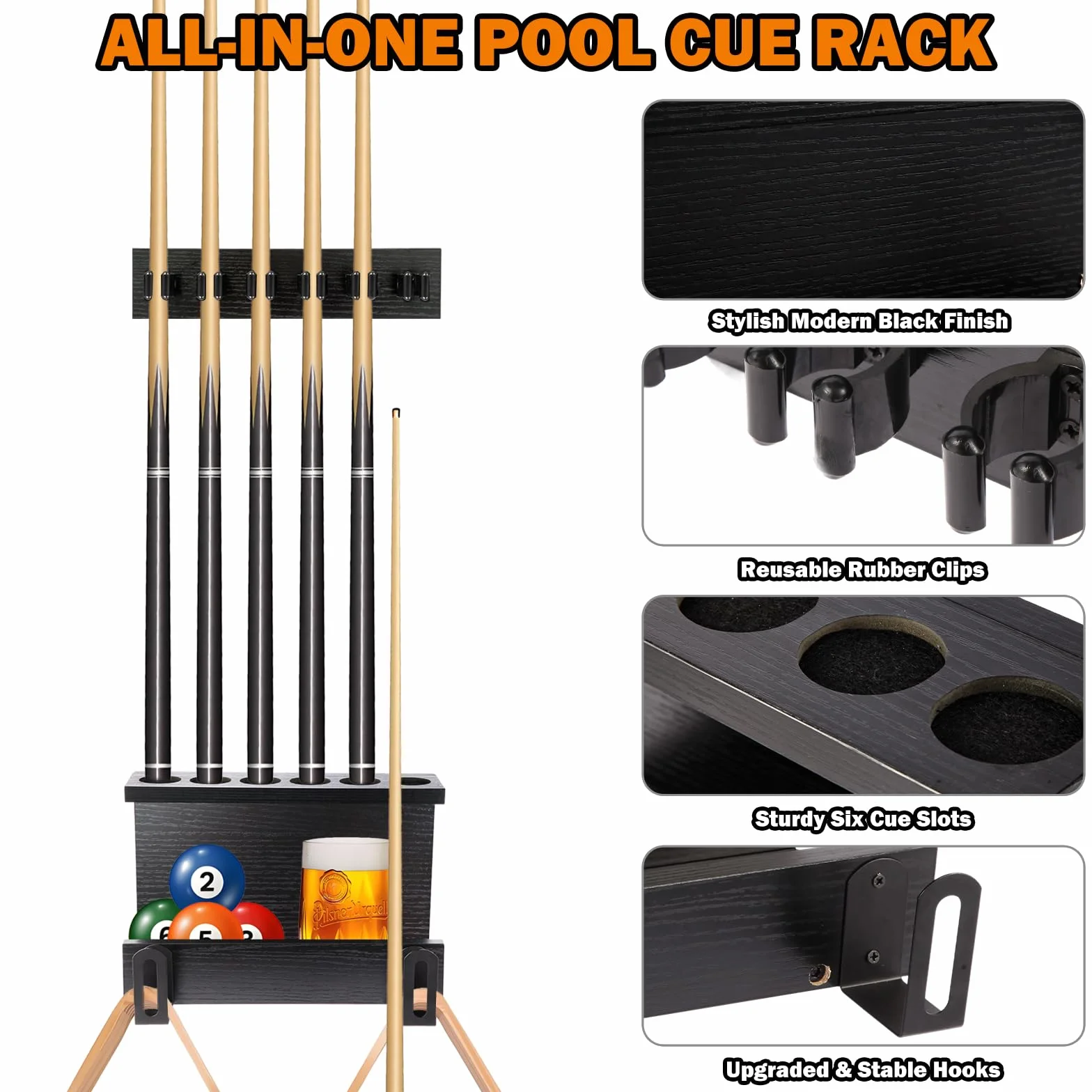Support mural pour queues de billard, porte-queues 6 queues, bois dur, noir