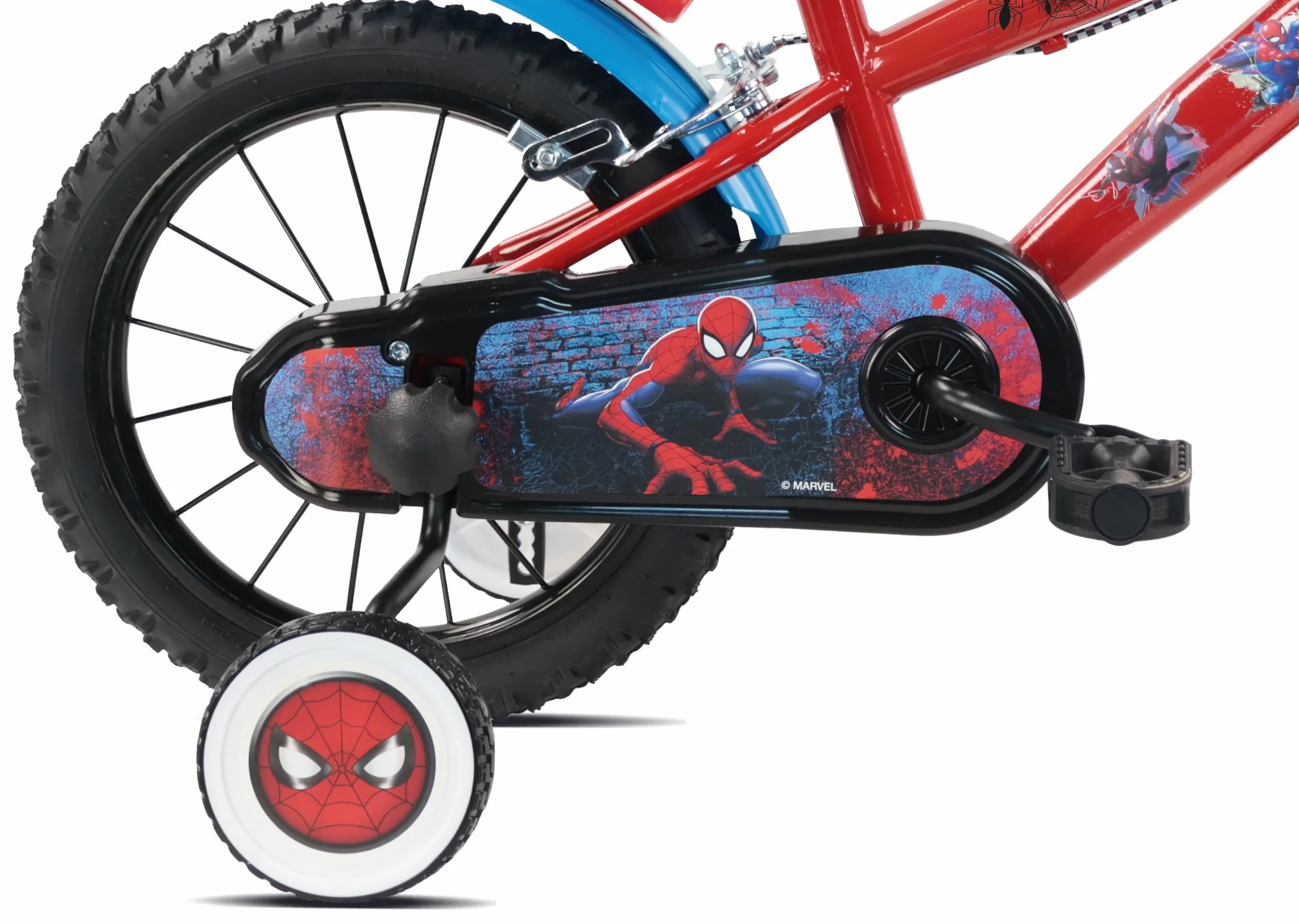 Vélo 14 Pouces Spiderman avec Freins, Roues à Rayons, Pneus Gonflables, Stabilisateurs et LEDs