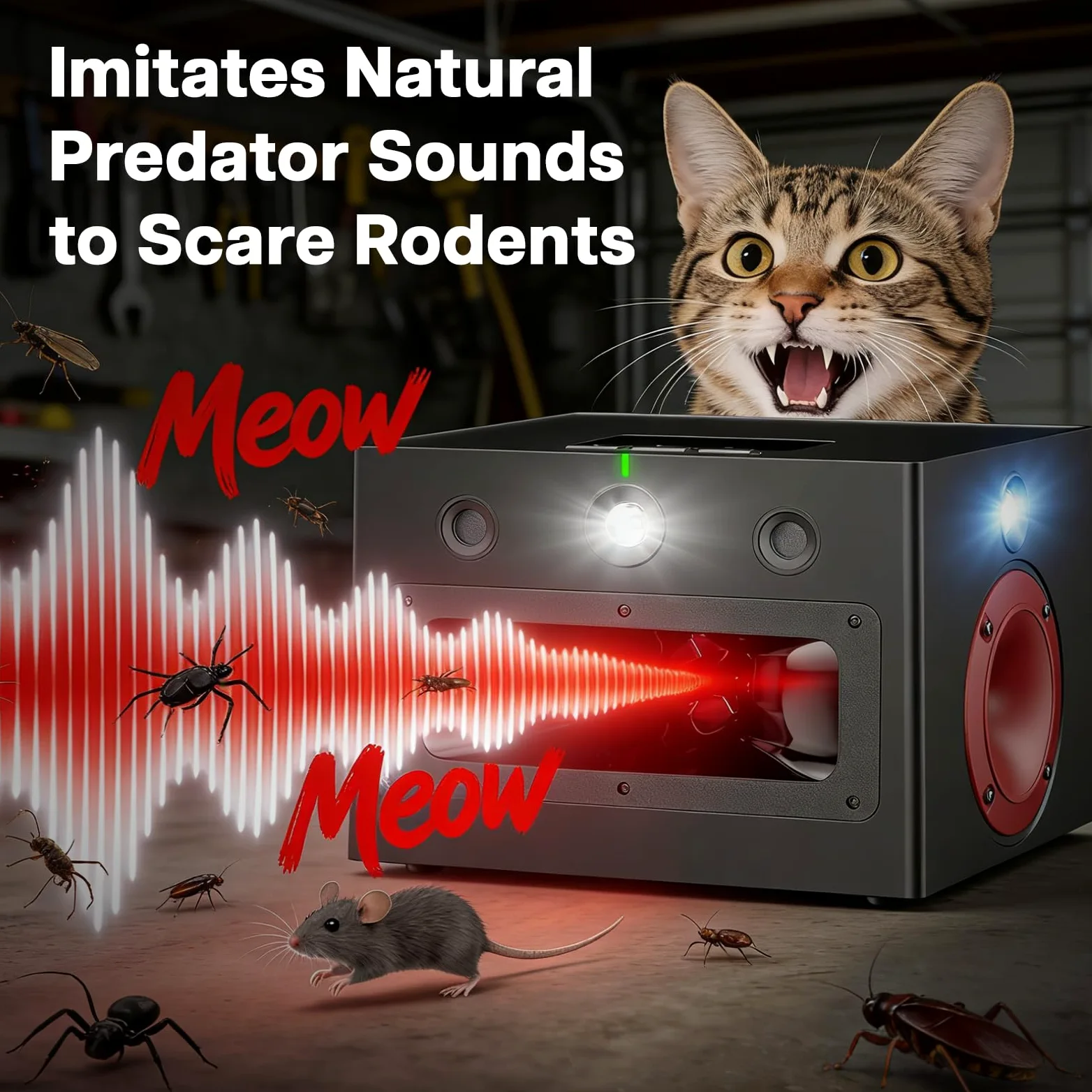 Répulsif Ultrasons Souris pour Grandes Pièces par MMOBIEL – Avec Grande Portée, Adapateur, Son de Chat Bionique, Lumière LED Stroboscopique et 6 Modes – Pour Souris, Rats, Fourmis et Ravageurs