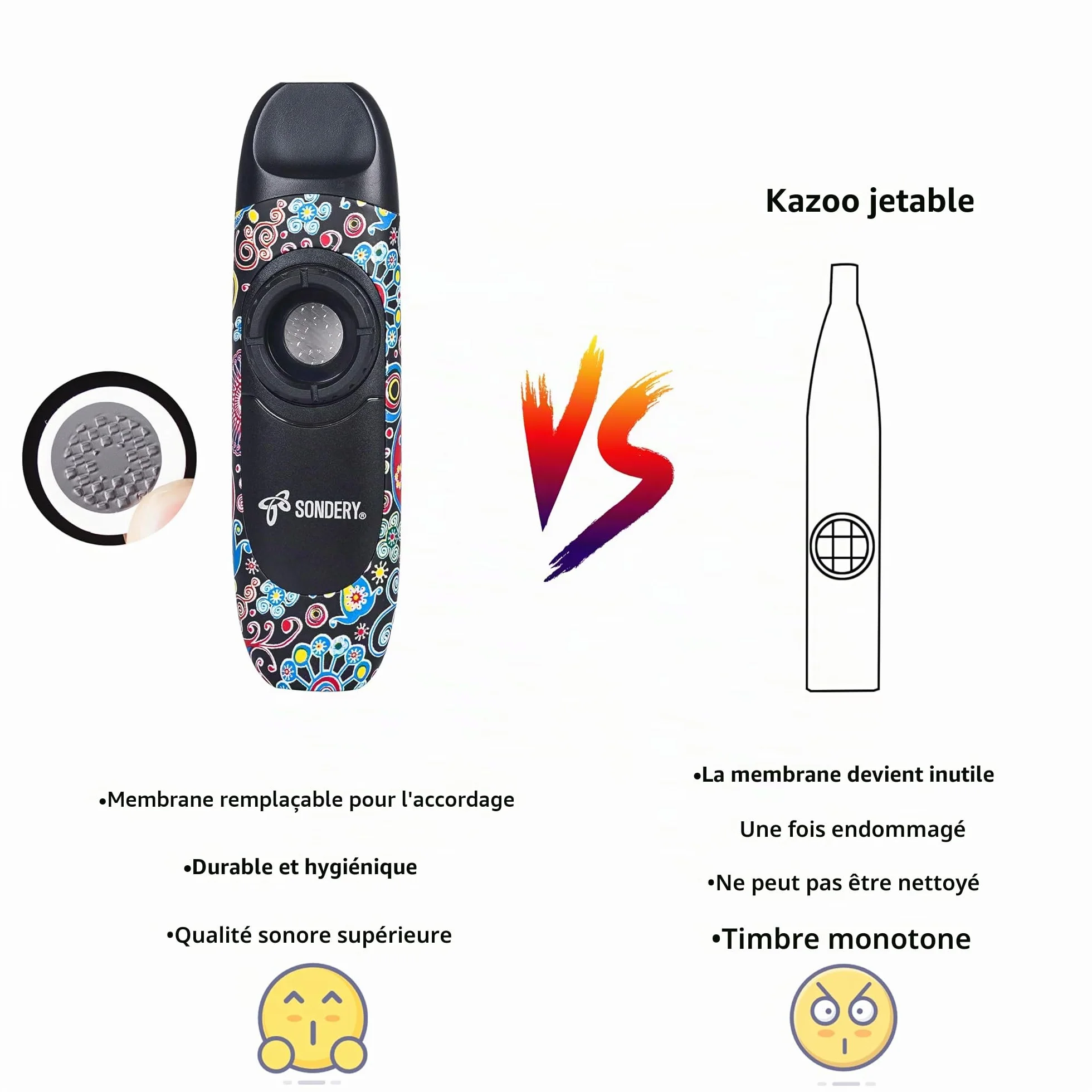 Professionnel Kazoo Instrument à Vent avec 5 Membranes, Cordon et Pochette