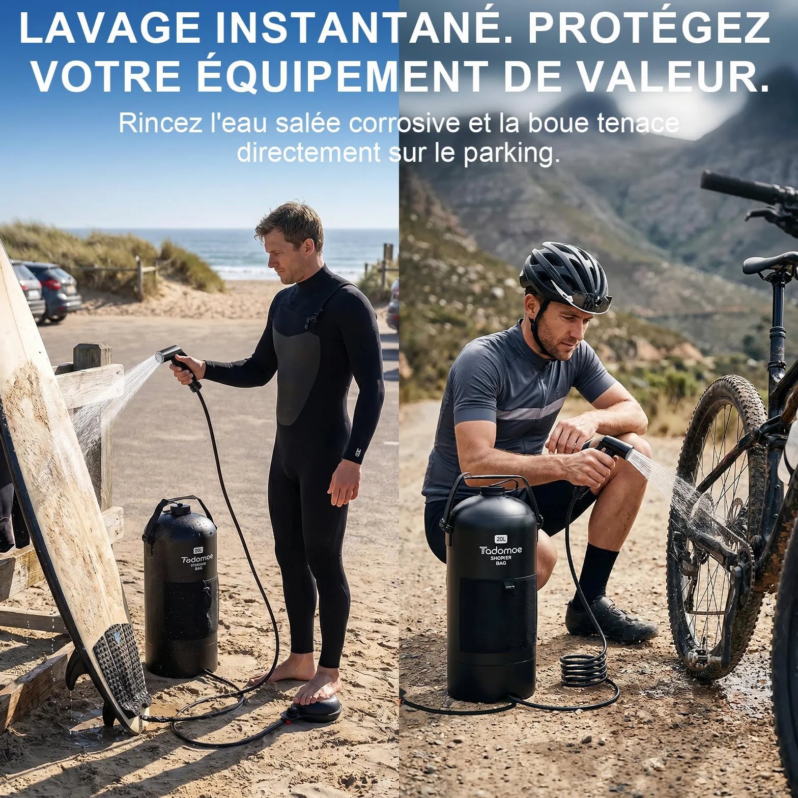 Douche Solaire Camping Portable 20L avec Pompe à Pied et Tuyau 2m - Sac de Douche Extérieur Pliable