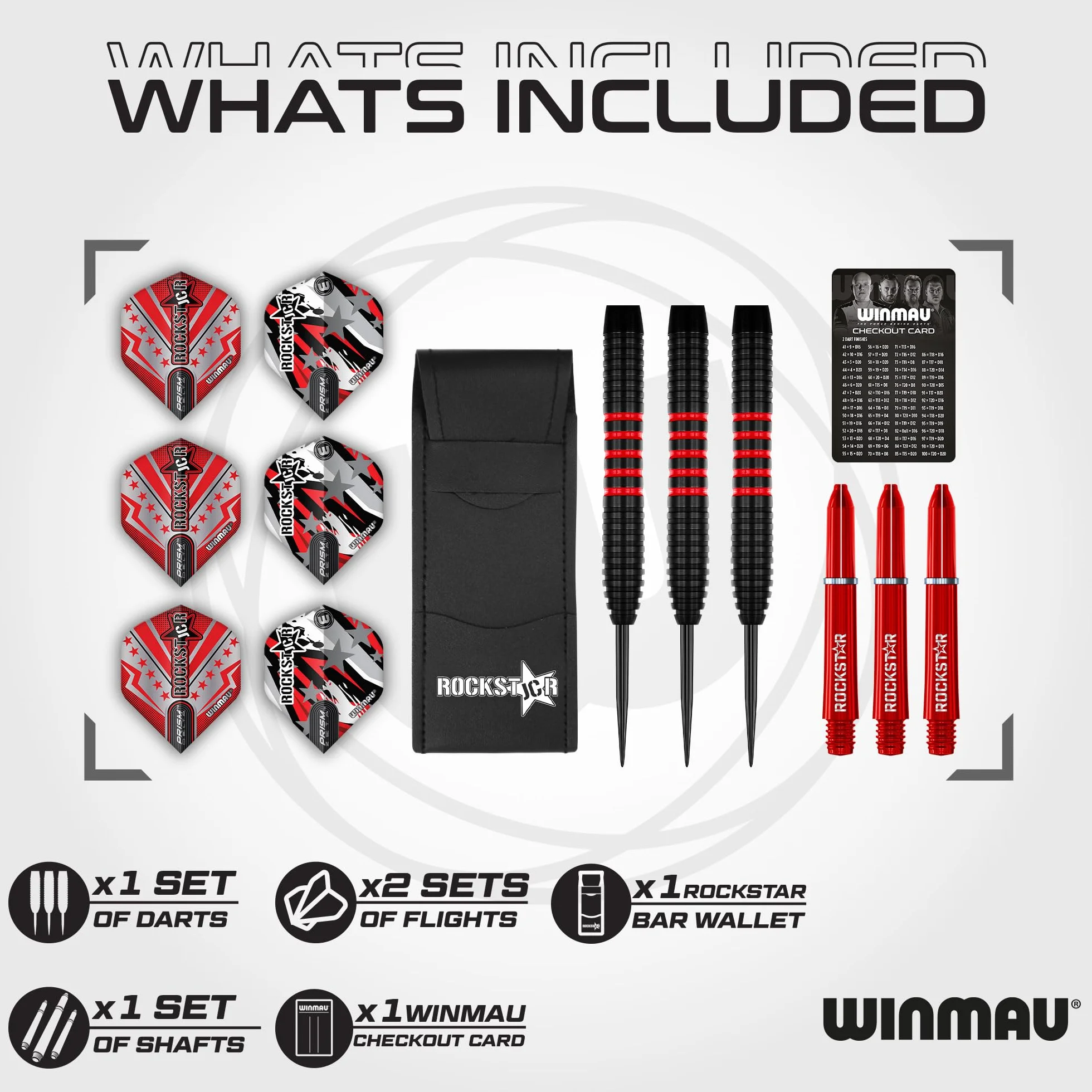WINMAU Darts Joe Cullen Rockstar 20g Laiton Jeu de fléchettes avec ailettes tiges Carte de Score