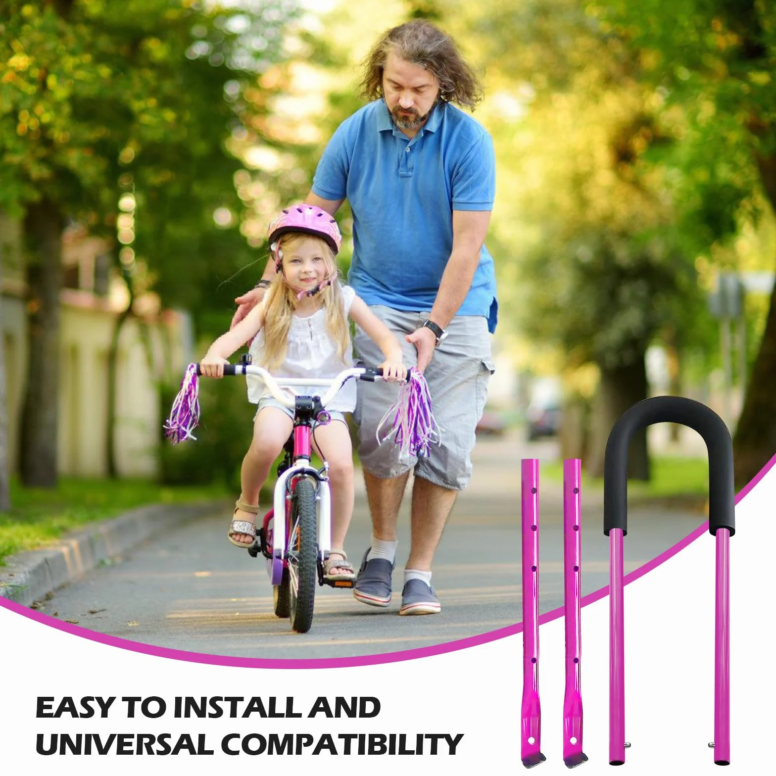 PORFOYO Barre de Poussée pour Vélo Enfant, Poignée d'Apprentissage, Accessoire Cyclisme Sécurité (Rose)