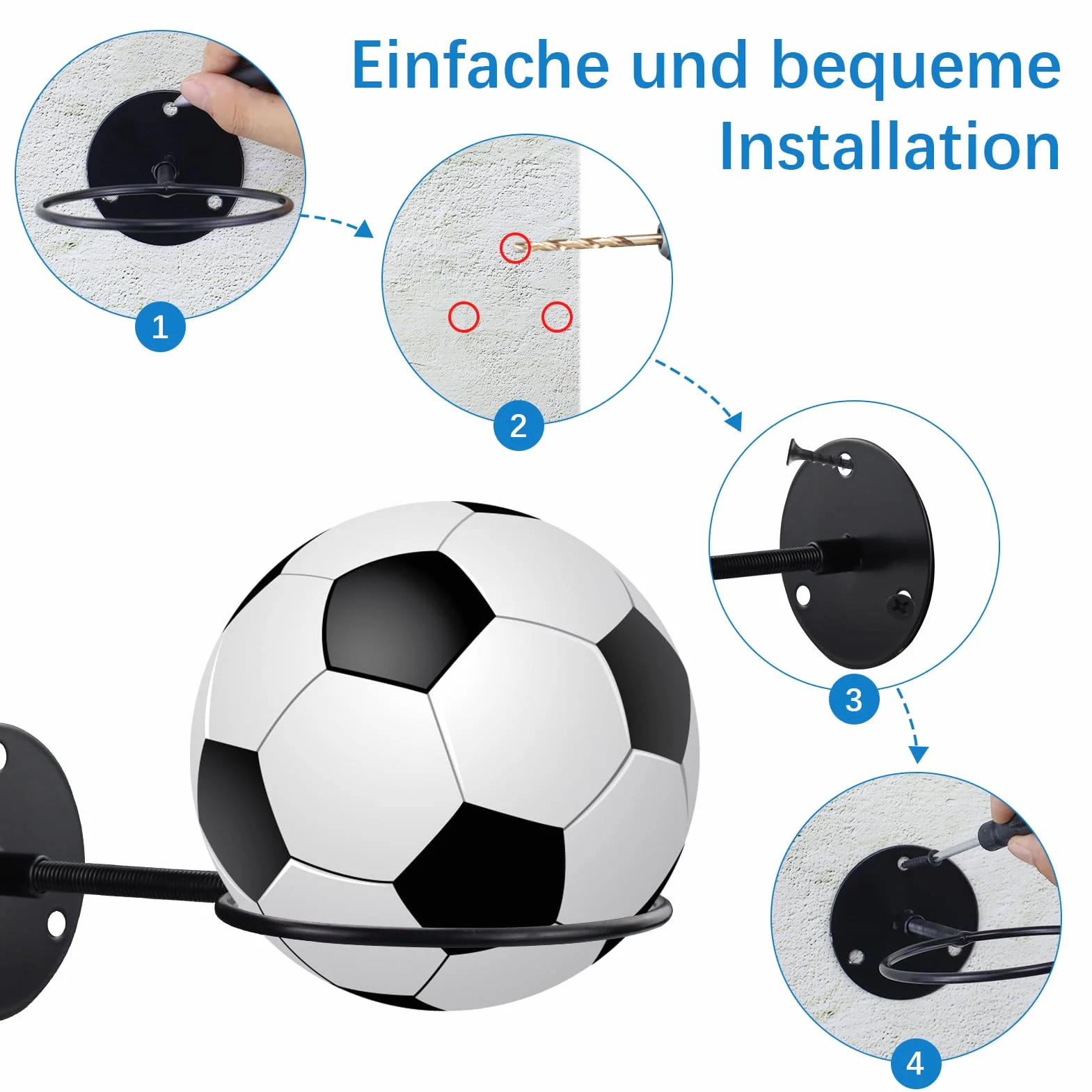 Lot de 2 supports muraux en métal pour basket-ball, football, volleyball (noir)