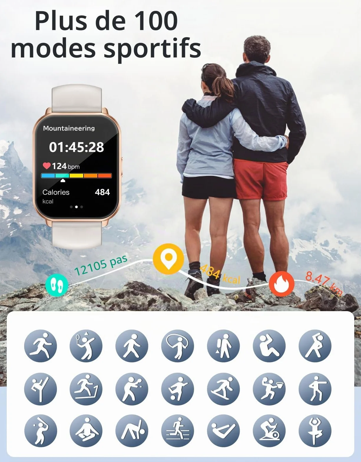Smartwatch Femme Homme Bluetooth Podometre Cardiofrequencemetre Etanche IP68 Android iOS