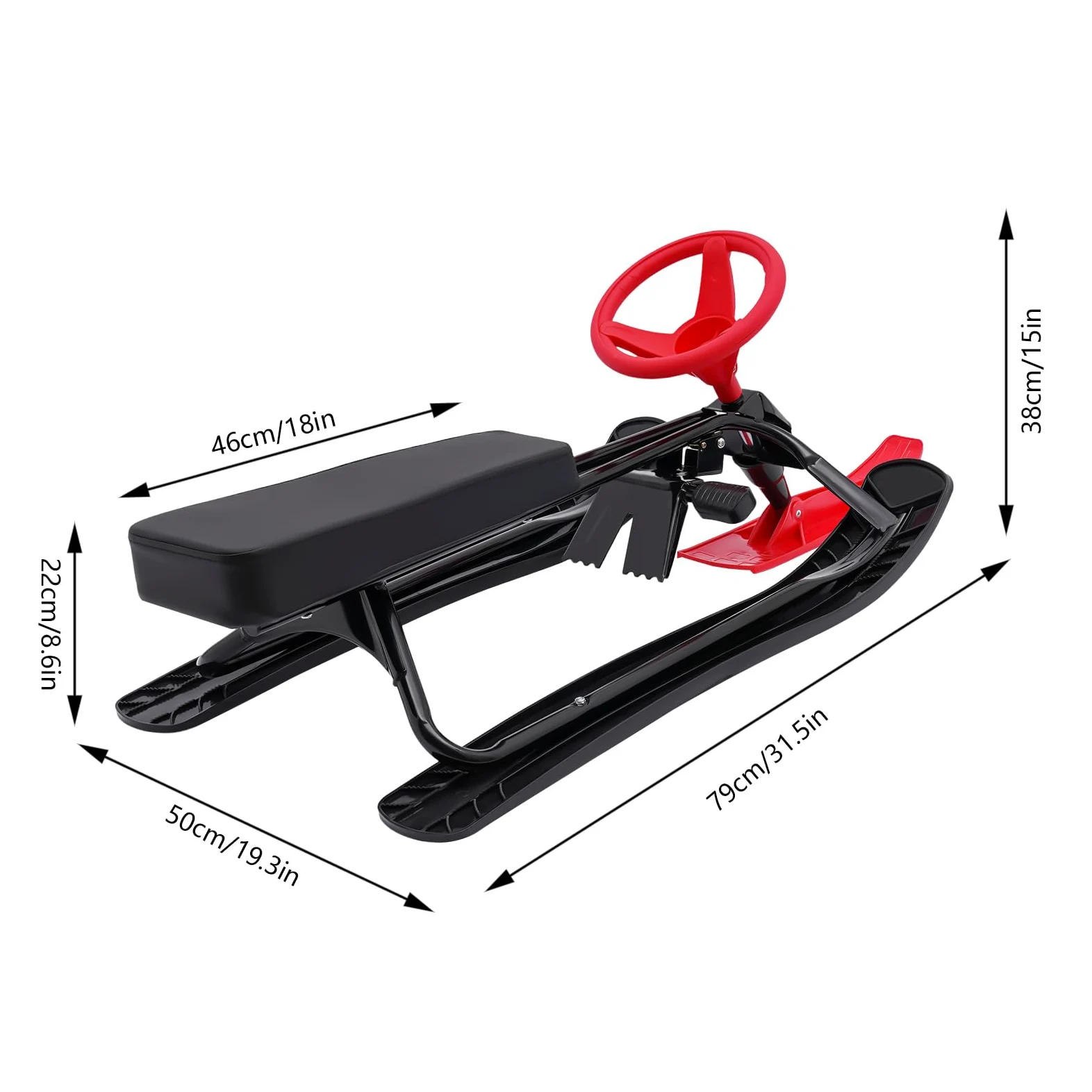 Snow Racer Sled - 114 × 50 × 38 cm - Avec freins à double pied - Guidon flexible et pédales antidérapantes - Luge à neige robuste pour enfants de 3 à 15 ans et adultes jusqu'à 100 kg
