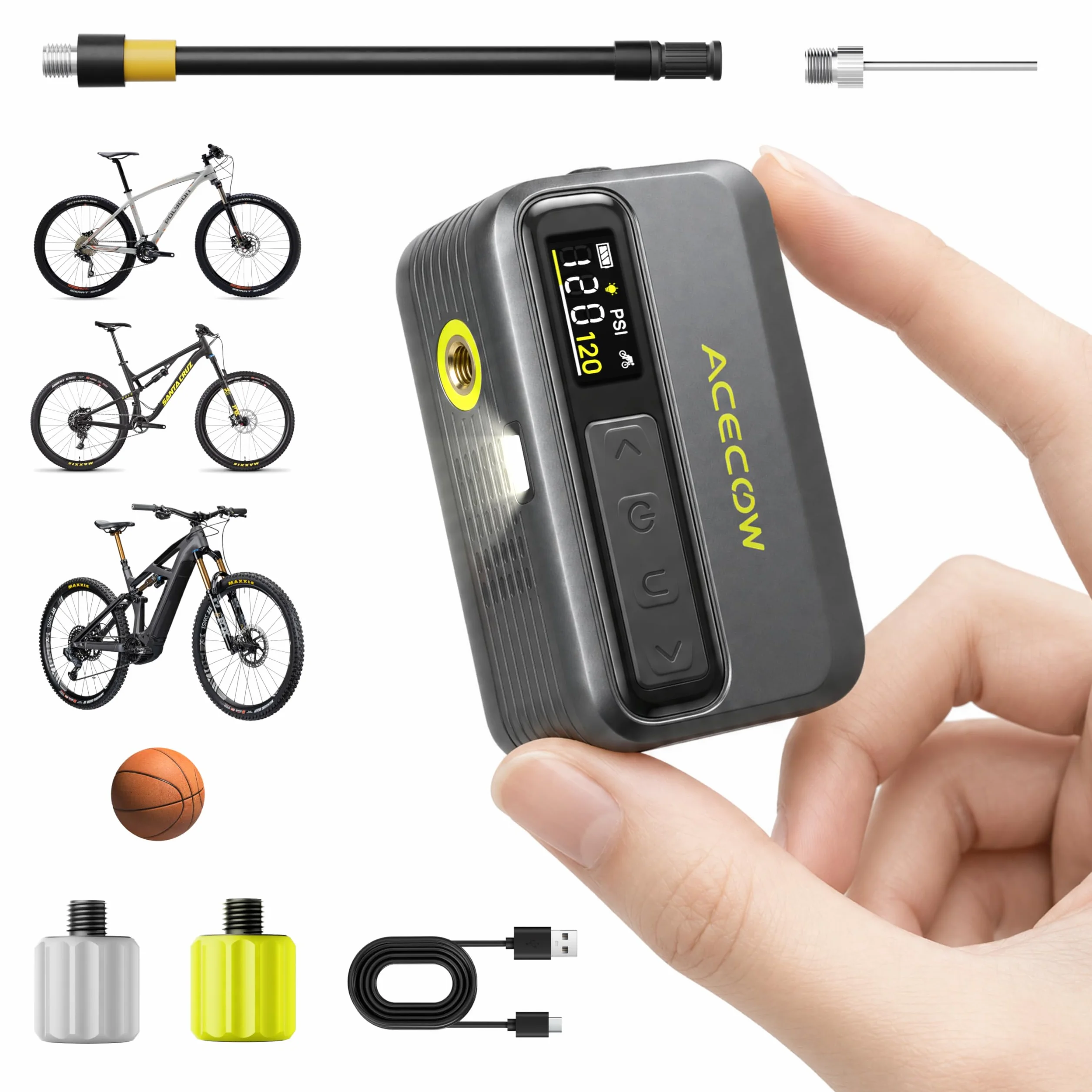 Pompe à Vélo Électrique AT5Pro Mini sans Fil 120 PSI Arrêt Auto pour Vélo de Route VTT