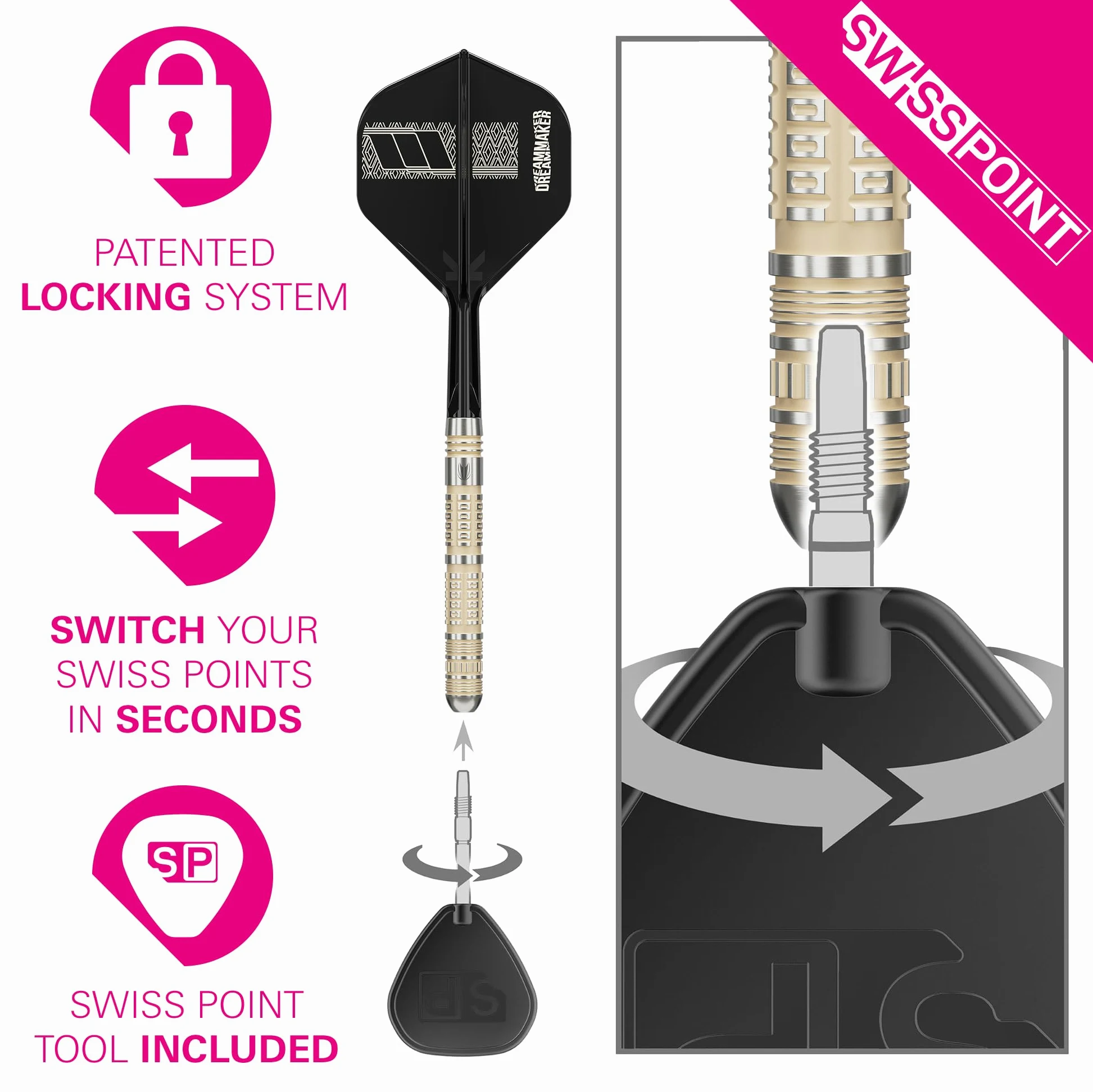 Target Darts Dimitri Van den Bergh Jeu de Fléchettes 95K à Pointe en Acier, 22G/23G/24G | Fléchettes 95% Tungstène, Ailettes Tige K-Flex N° 2, Pointes Swiss DX Noires Outil SP Inclus | Édition Joueurs