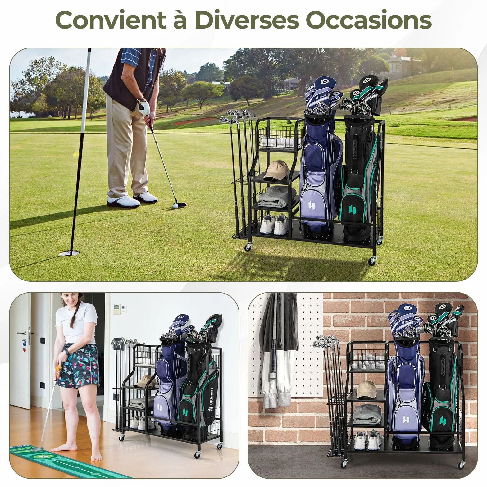 GYMAX Organisateur Rangement Clubs de Golf 4 Roues Verrouillables Étagère Crochets