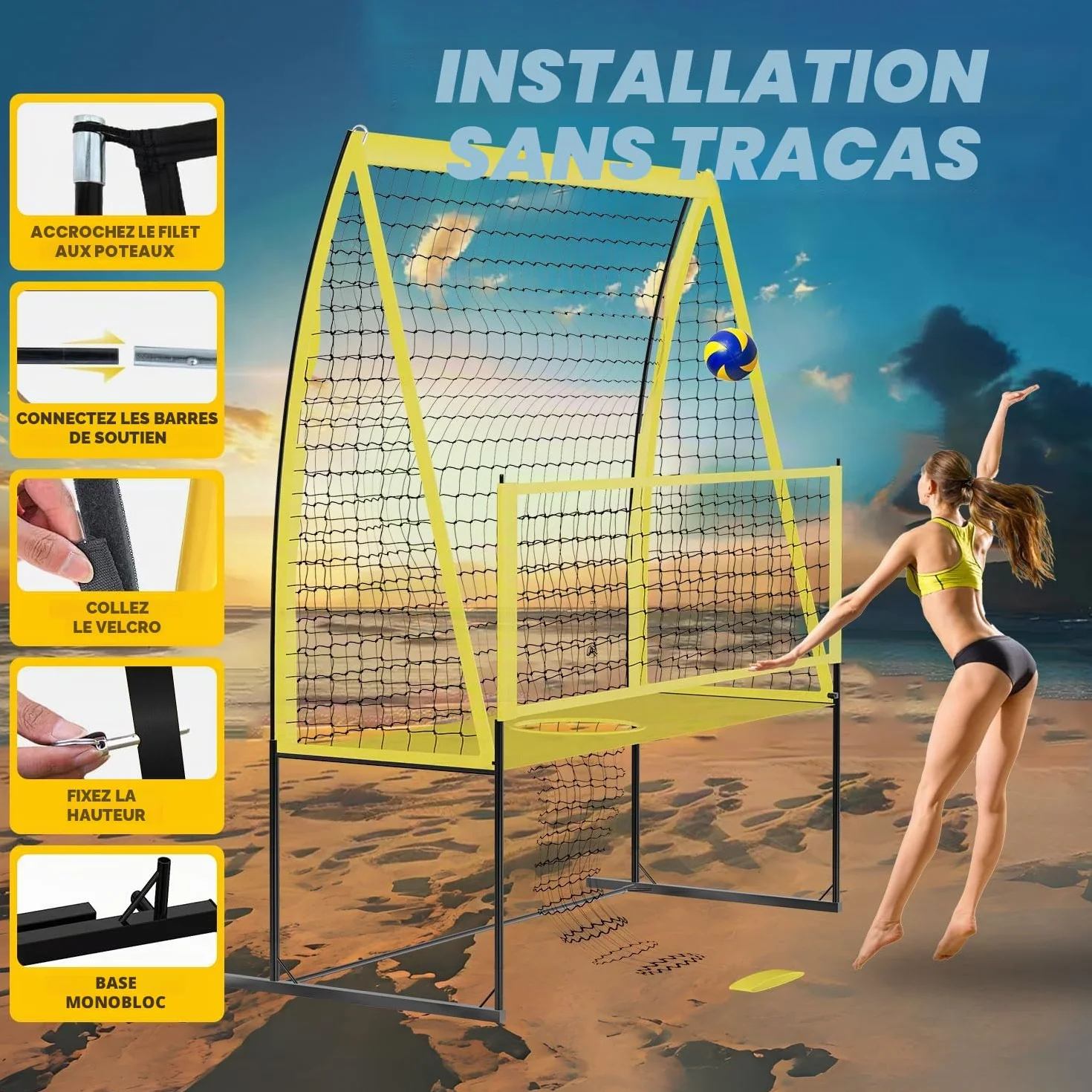 Yoving Filet d'Entraînement Volley-Ball 2,4m x 3,4m Structure Renforcée Intérieur Extérieur