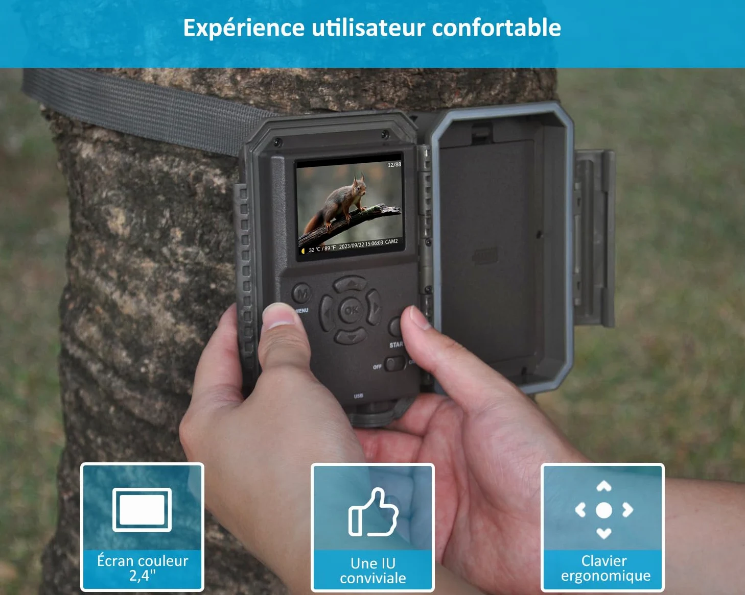 GardePro E5S Caméra de Chasse 64MP 1296P H.264 Vidéo, Jusqu' 30m Camera Chasse Infrarouge Vision Nocturne, Vitesse de Dclenchement 0,1s et Angle de Dtection 120°, 940nm IR LED